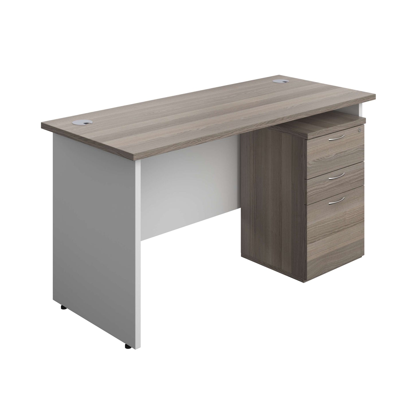 Panel Plus Rectangular Desk + 3 Drawer Under Desk Pedestal Bundle (FSC) | 1400X600 | Grey Oak/White