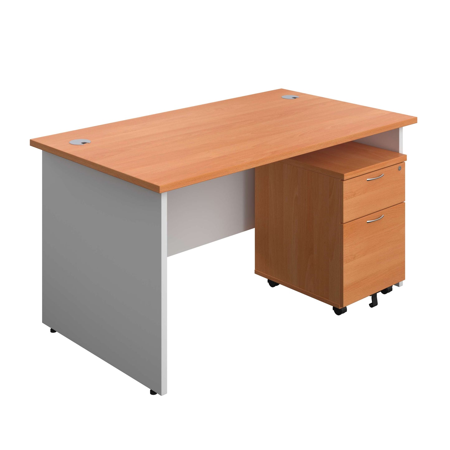 Panel Plus Rectangular Desk + 2 Drawer Mobile Pedestal Bundle (FSC) | 1400X800 | Beech/White