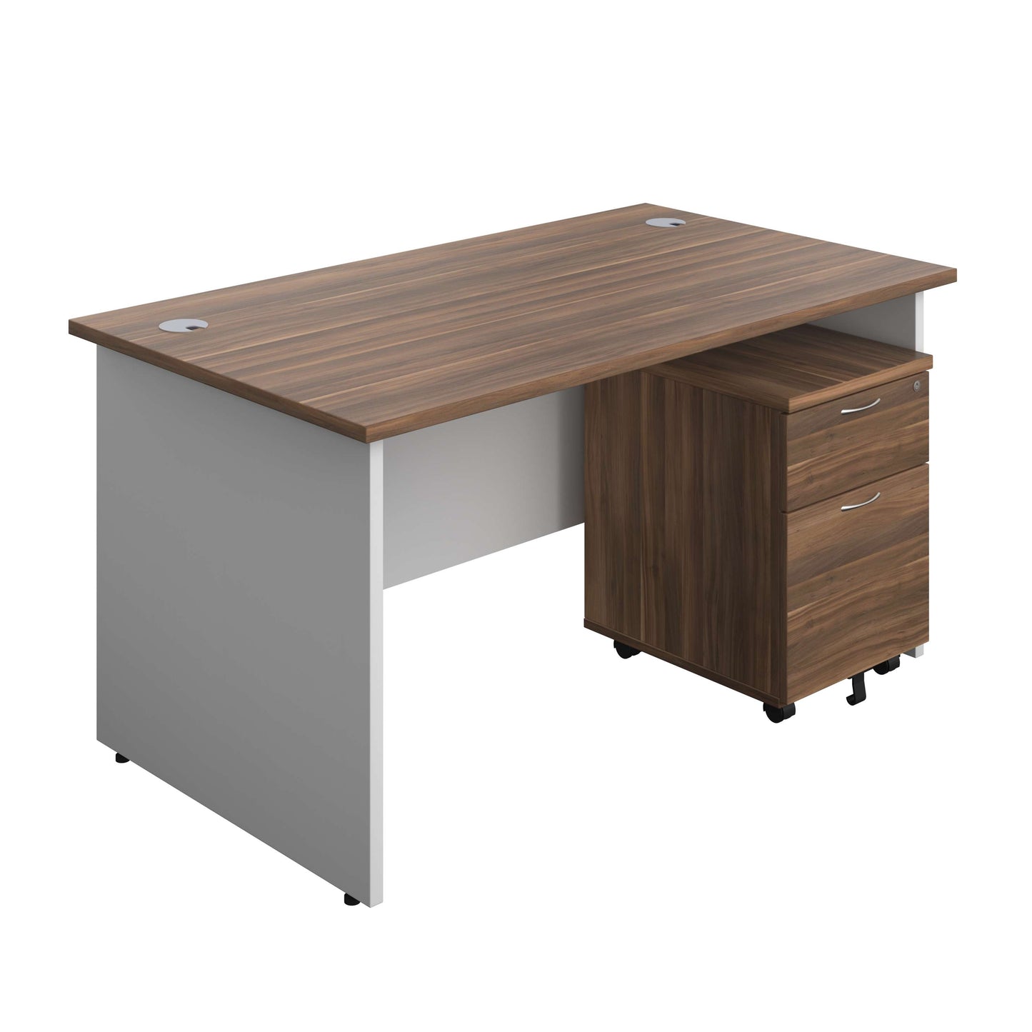 Panel Plus Rectangular Desk + 2 Drawer Mobile Pedestal Bundle (FSC) | 1400X800 | Dark Walnut/White