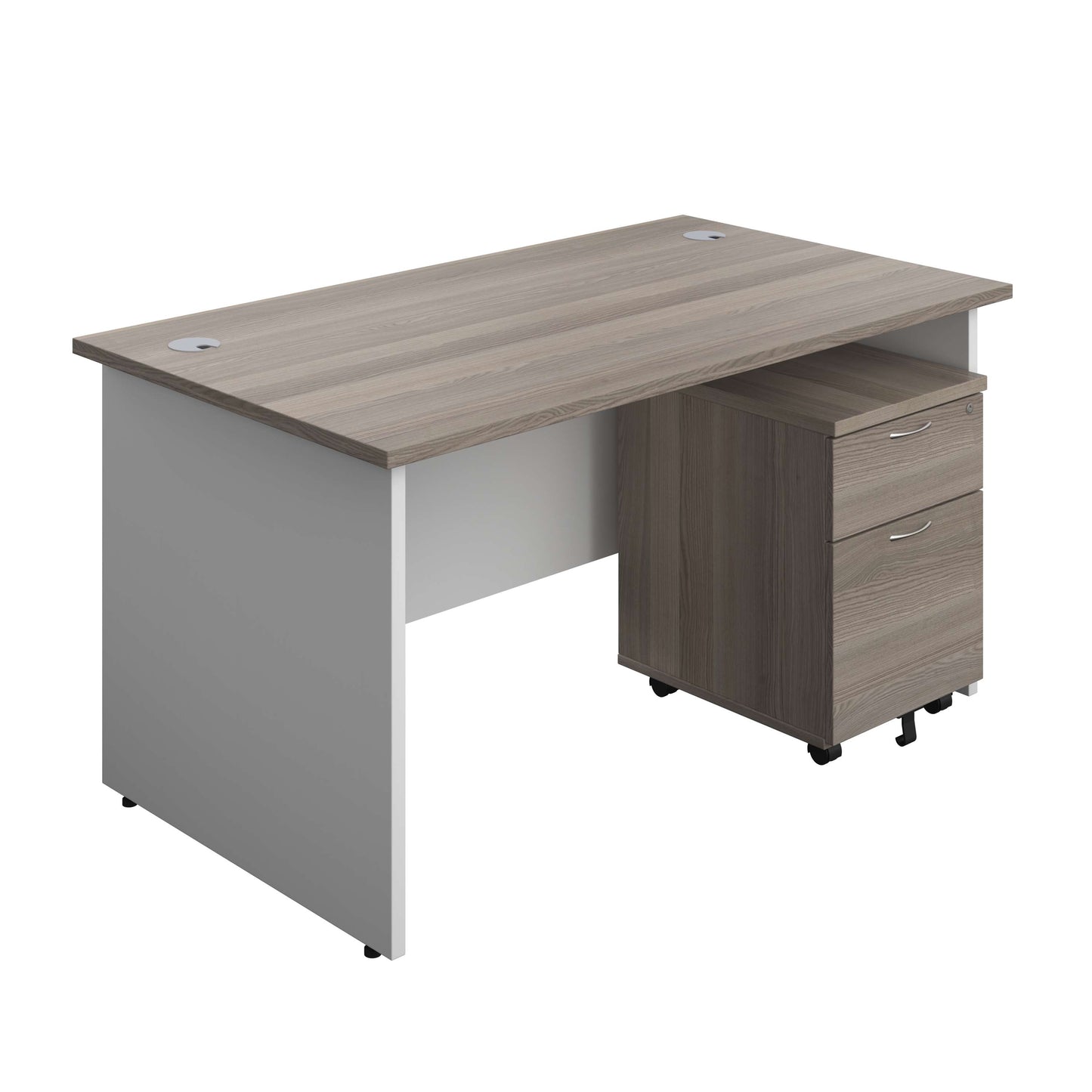 Panel Plus Rectangular Desk + 2 Drawer Mobile Pedestal Bundle (FSC) | 1400X800 | Grey Oak/White