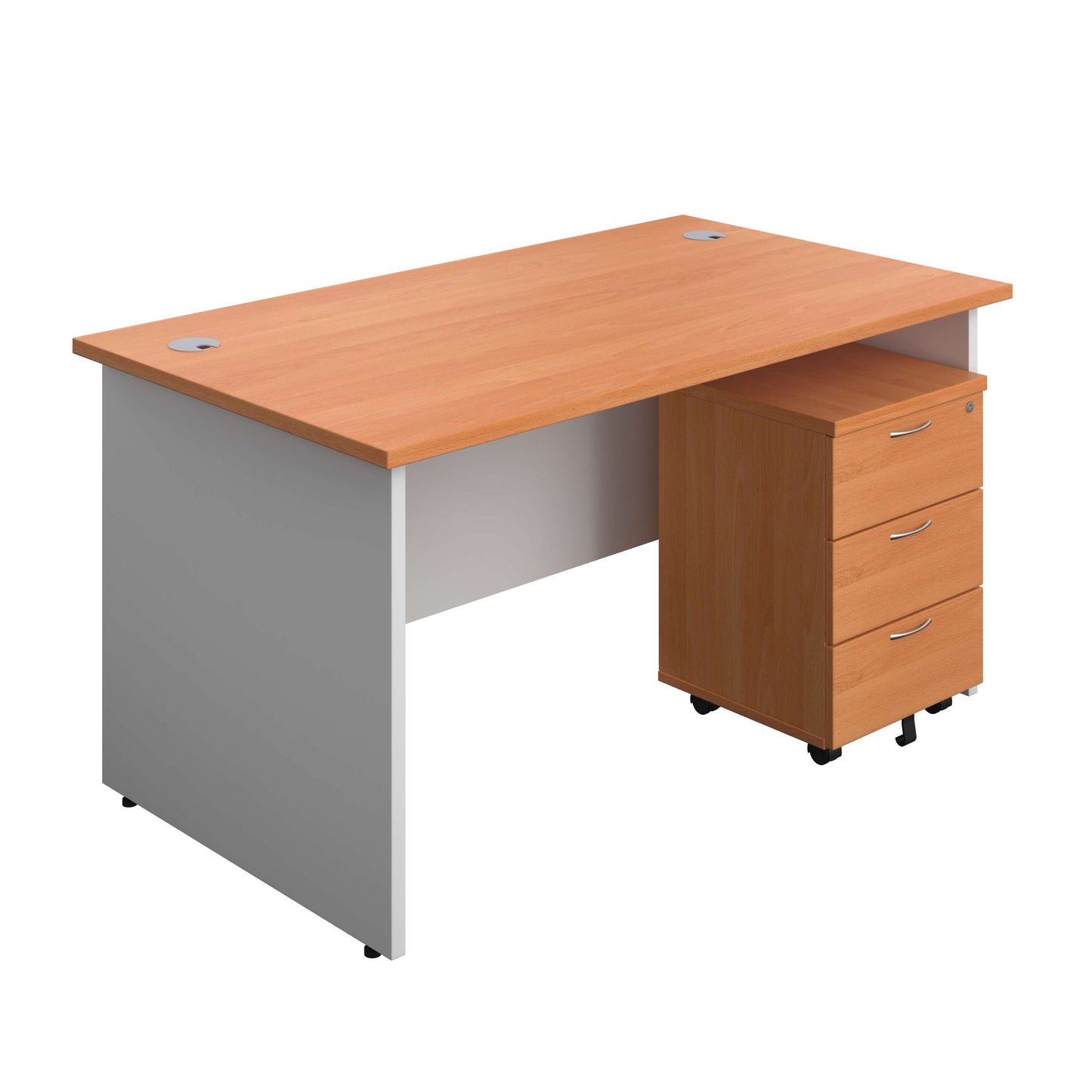 Panel Plus Rectangular Desk + 3 Drawer Mobile Pedestal Bundle (FSC) | 1400X800 | Beech/White