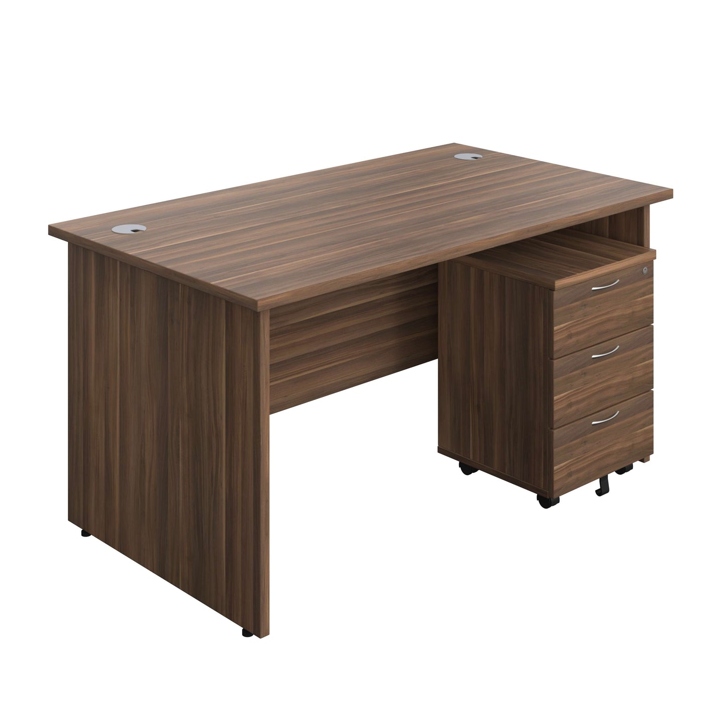 Panel Rectangular Desk + 3 Drawer Mobile Pedestal Bundle (FSC) | 1400X800 | Dark Walnut/Dark Walnut