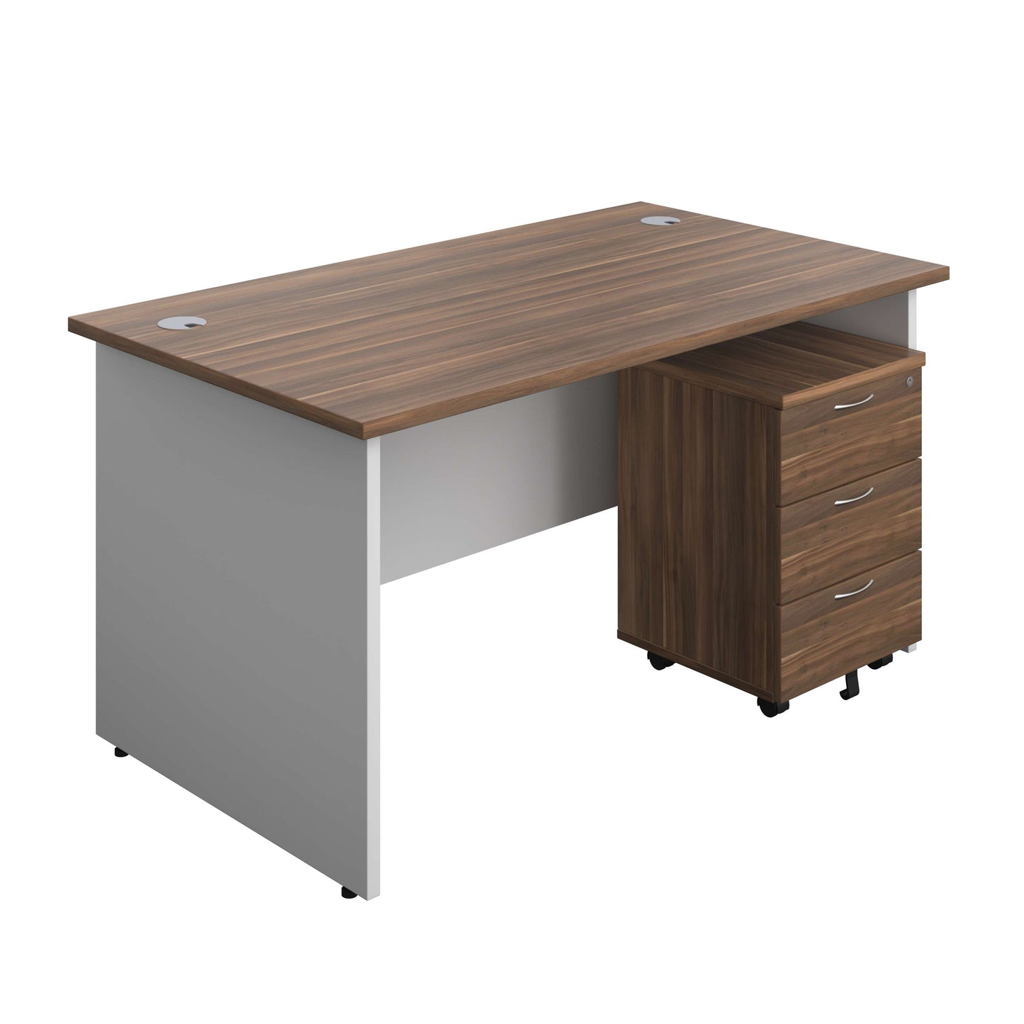 Panel Plus Rectangular Desk + 3 Drawer Mobile Pedestal Bundle (FSC) | 1400X800 | Dark Walnut/White