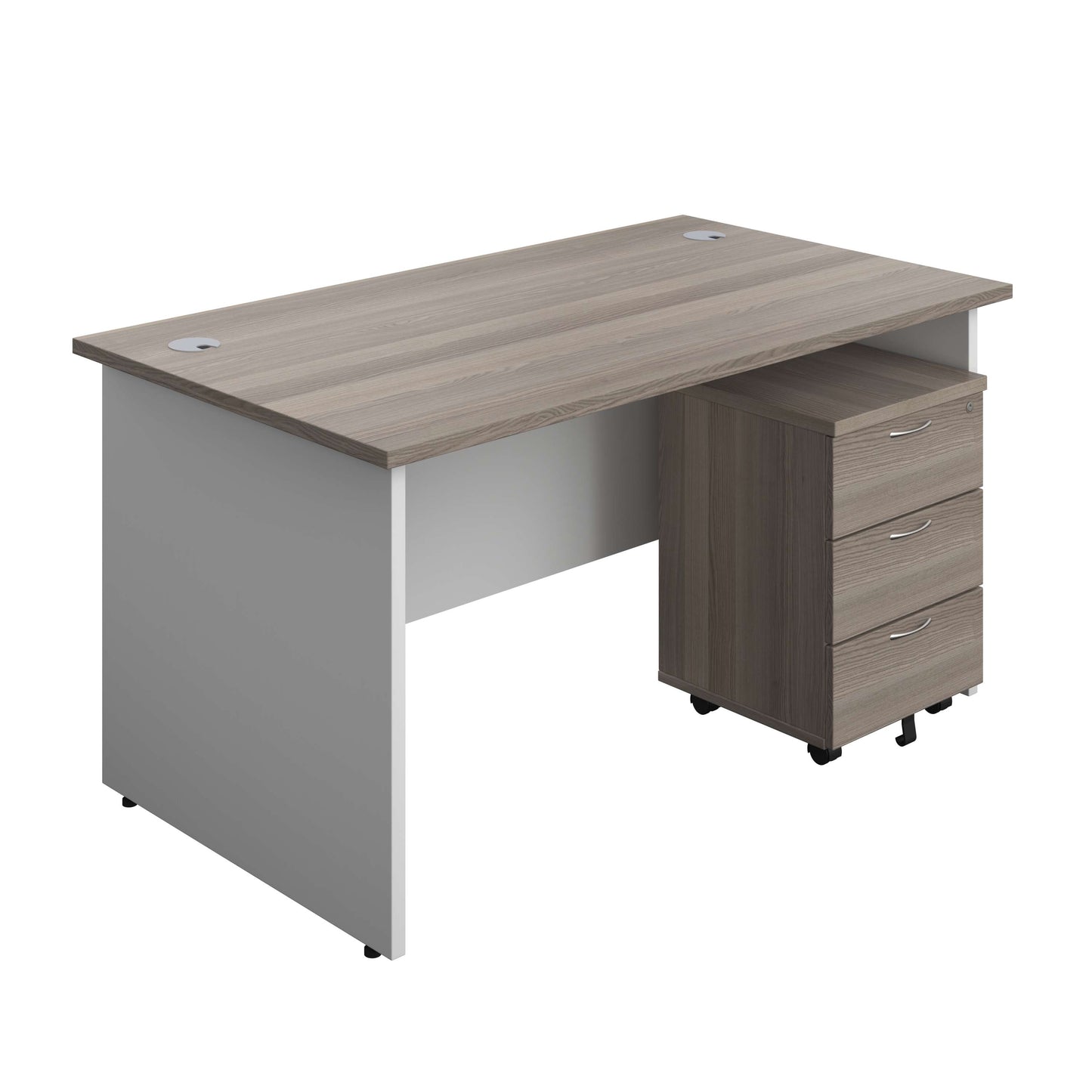 Panel Plus Rectangular Desk + 3 Drawer Mobile Pedestal Bundle (FSC) | 1400X800 | Grey Oak/White
