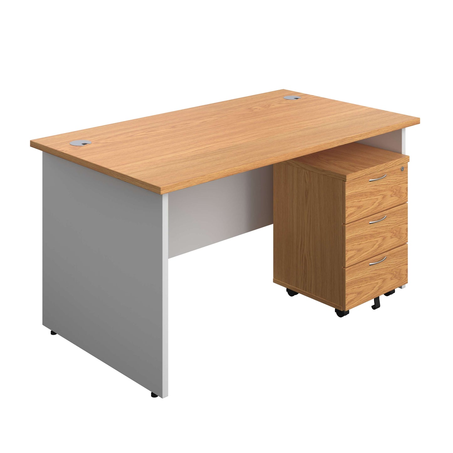 Panel Plus Rectangular Desk + 3 Drawer Mobile Pedestal Bundle (FSC) | 1400X800 | Nova Oak/White