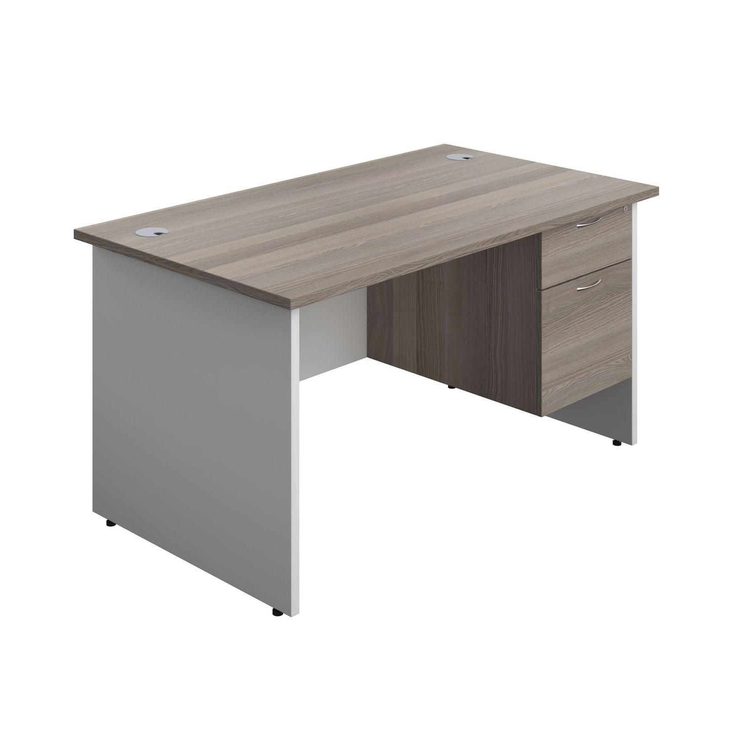 Panel Plus Rectangular Desk + 2 Drawer Fixed Pedestal Bundle (FSC) | 1400X800 | Grey Oak/White
