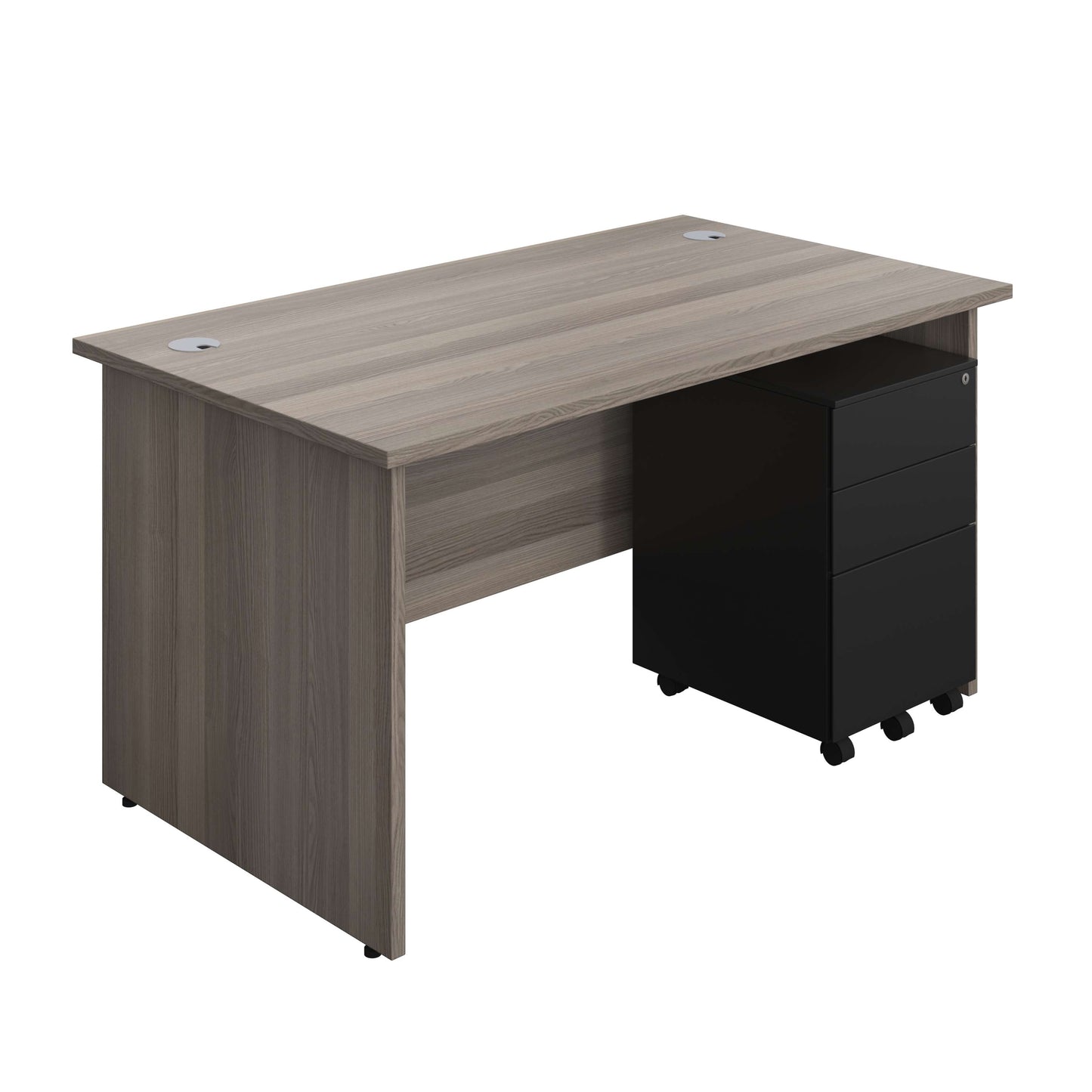 Panel Rectangular Desk + 3 Drawer Steel Pedestal Bundle (FSC) | 1400X800 | Grey Oak/Black