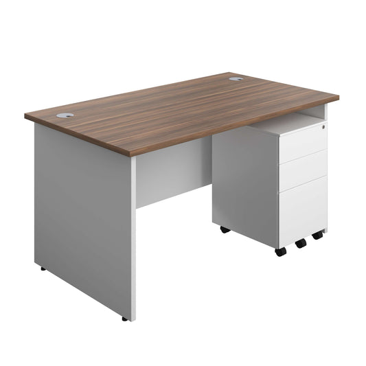 Panel Plus Rectangular Desk + 3 Drawer Steel Pedestal Bundle (FSC) | 1400X800 | Dark Walnut/White