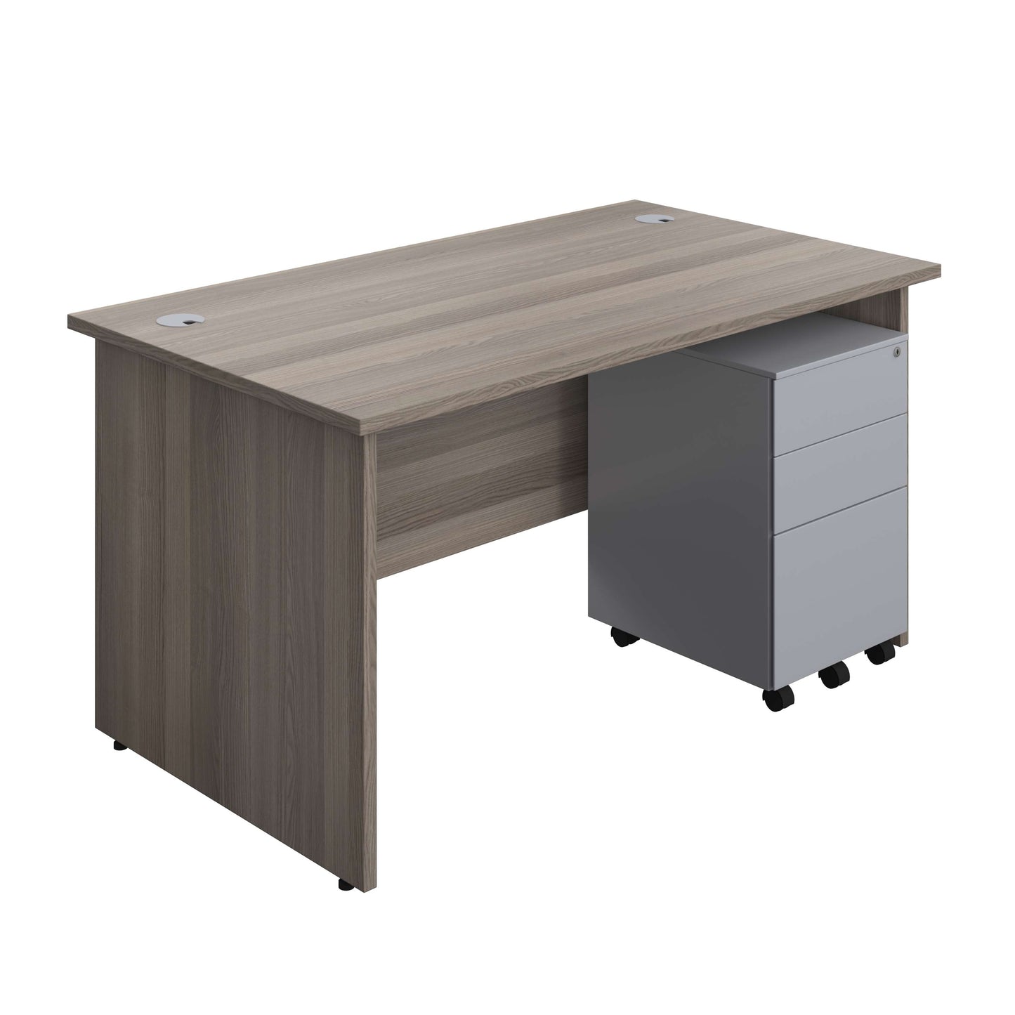 Panel Rectangular Desk + 3 Drawer Steel Pedestal Bundle (FSC) | 1400X800 | Grey Oak/Silver