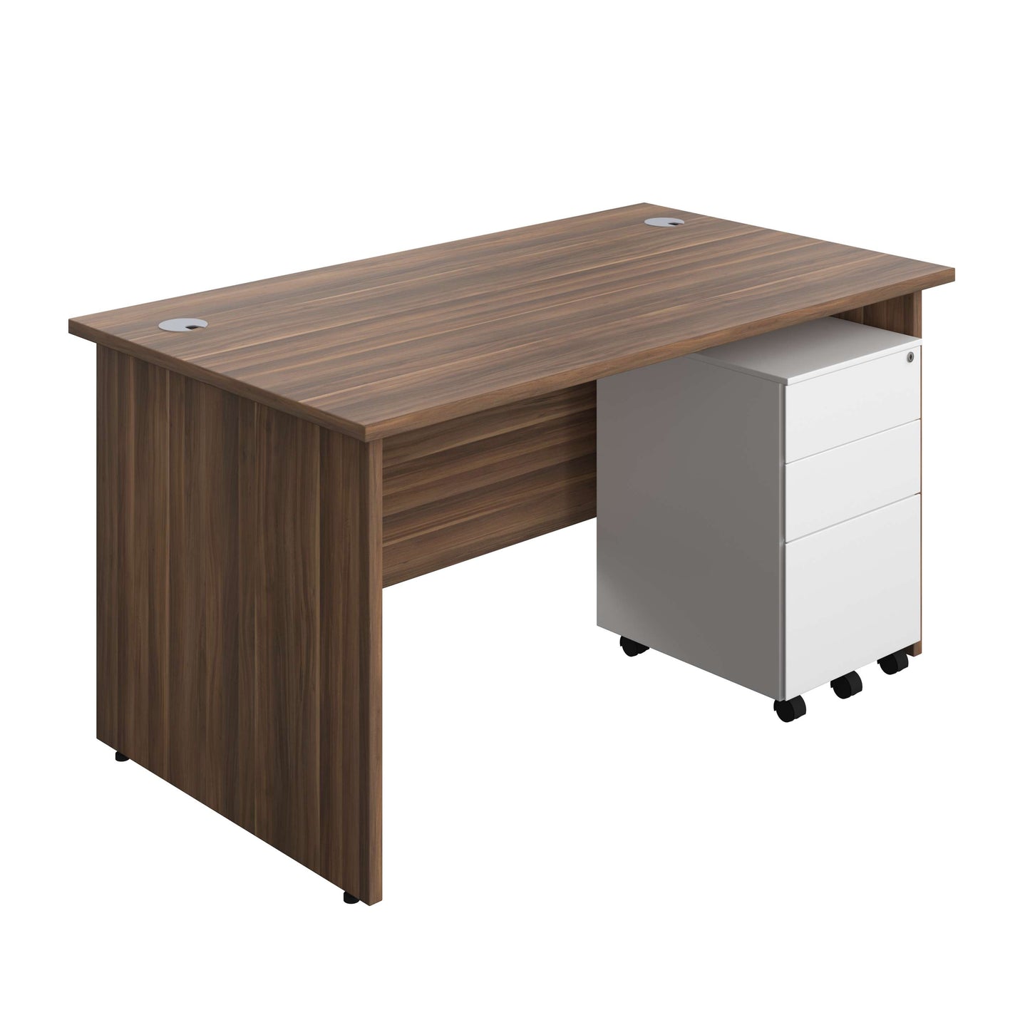 Panel Rectangular Desk + 3 Drawer Steel Pedestal Bundle (FSC) | 1400X800 | Dark Walnut/White