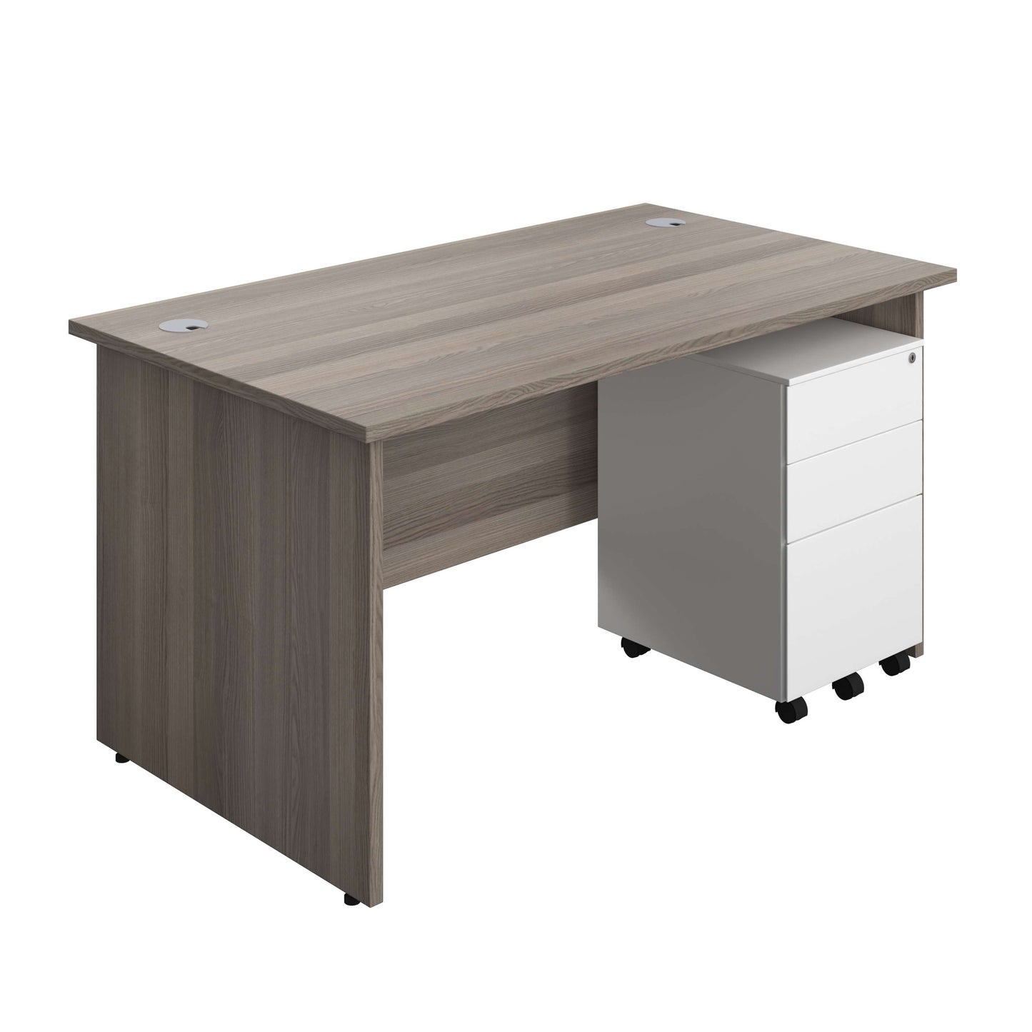 Panel Rectangular Desk + 3 Drawer Steel Pedestal Bundle (FSC) | 1400X800 | Grey Oak/White