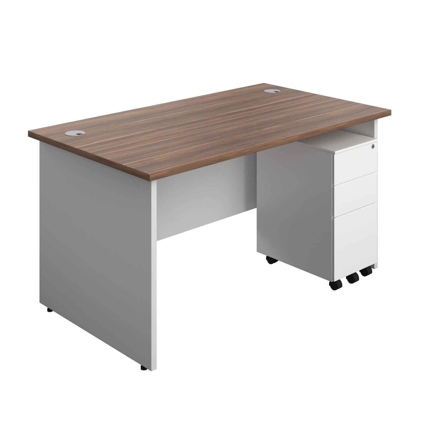 Panel Plus Rectangular Desk + 3 Drawer Slimline Steel Pedestal Bundle (FSC) | 1400X800 | Dark Walnut/White
