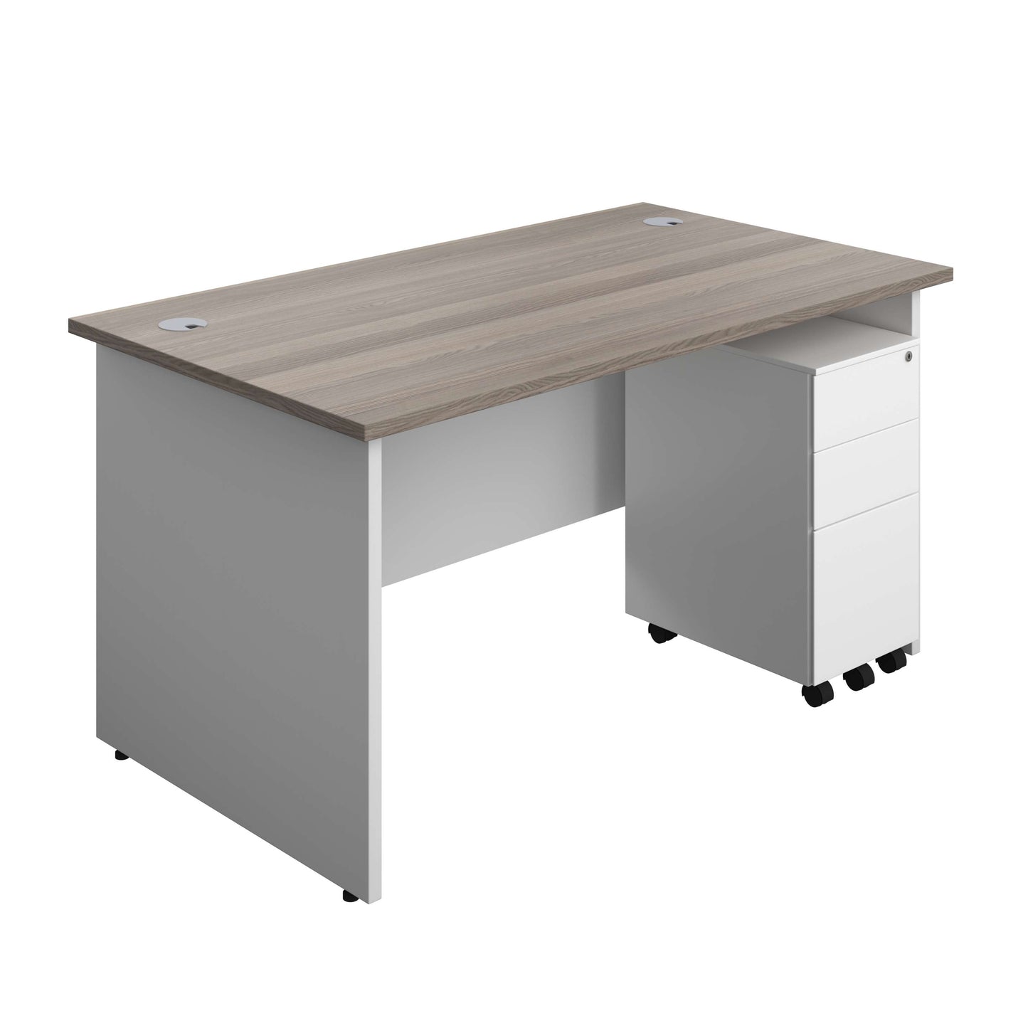 Panel Plus Rectangular Desk + 3 Drawer Slimline Steel Pedestal Bundle (FSC) | 1400X800 | Grey Oak/White