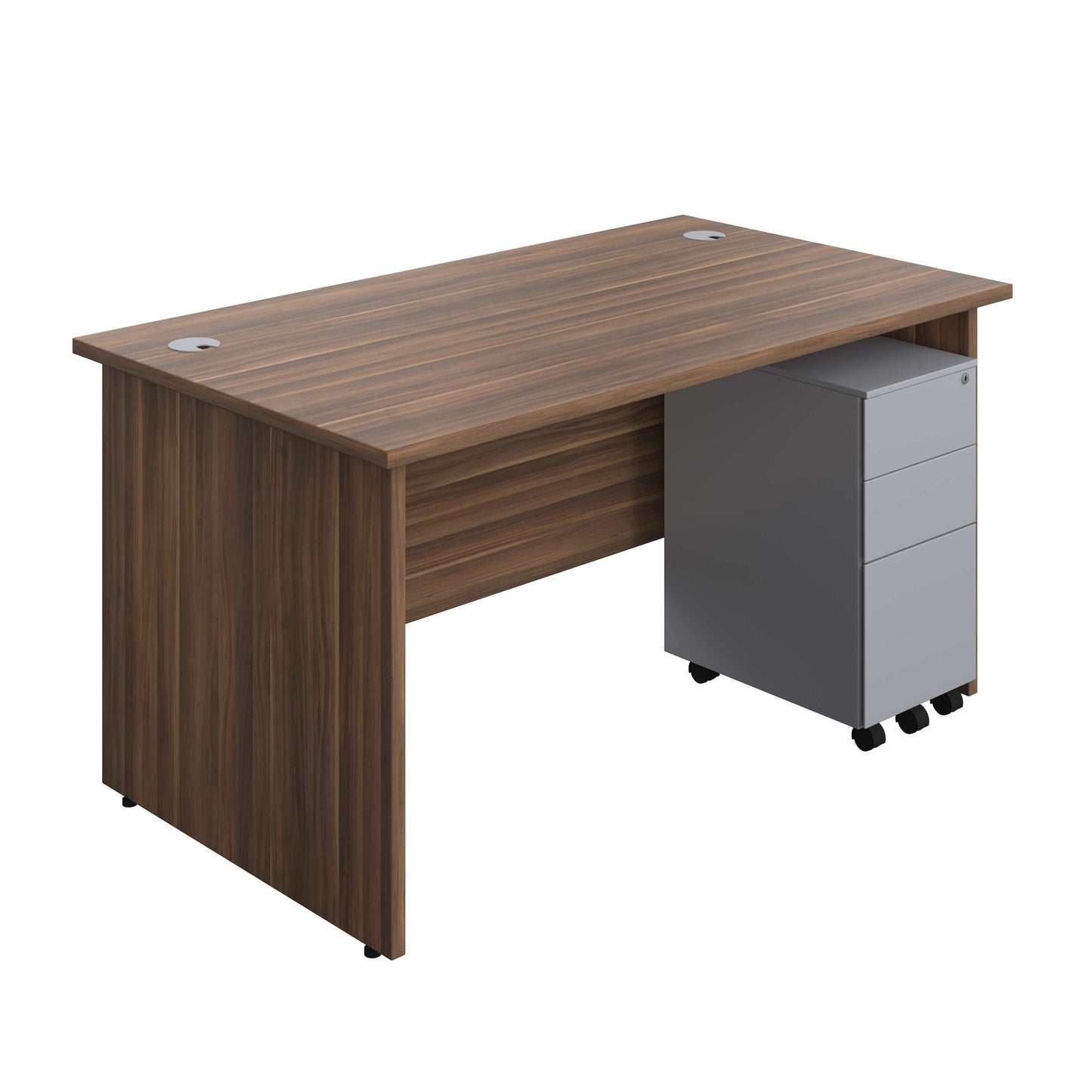 Panel Rectangular Desk + 3 Drawer Slimline Steel Pedestal Bundle (FSC) | 1400X800 | Dark Walnut/Silver