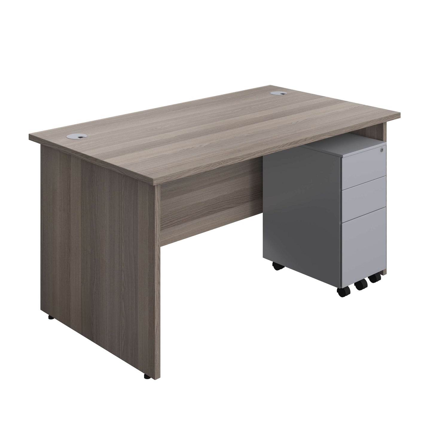 Panel Rectangular Desk + 3 Drawer Slimline Steel Pedestal Bundle (FSC) | 1400X800 | Grey Oak/Silver