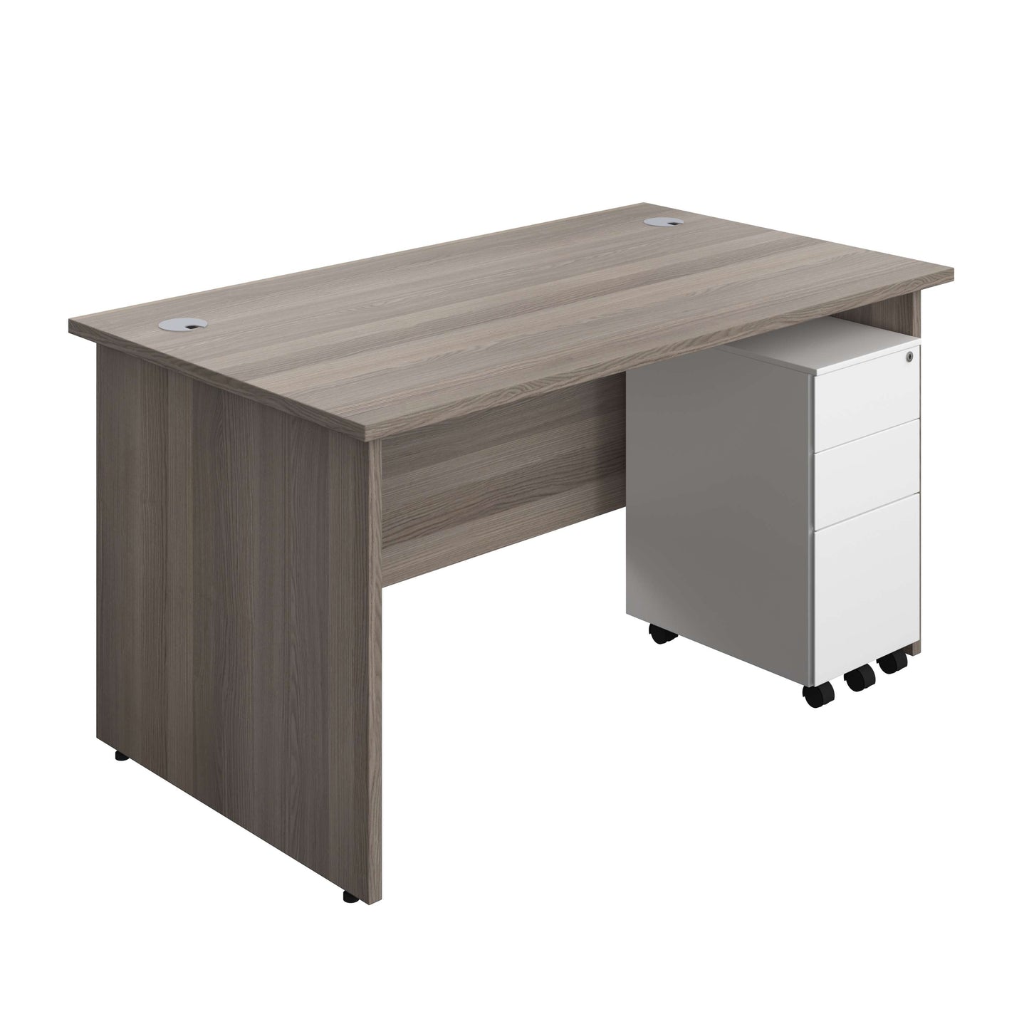 Panel Rectangular Desk + 3 Drawer Slimline Steel Pedestal Bundle (FSC) | 1400X800 | Grey Oak/White