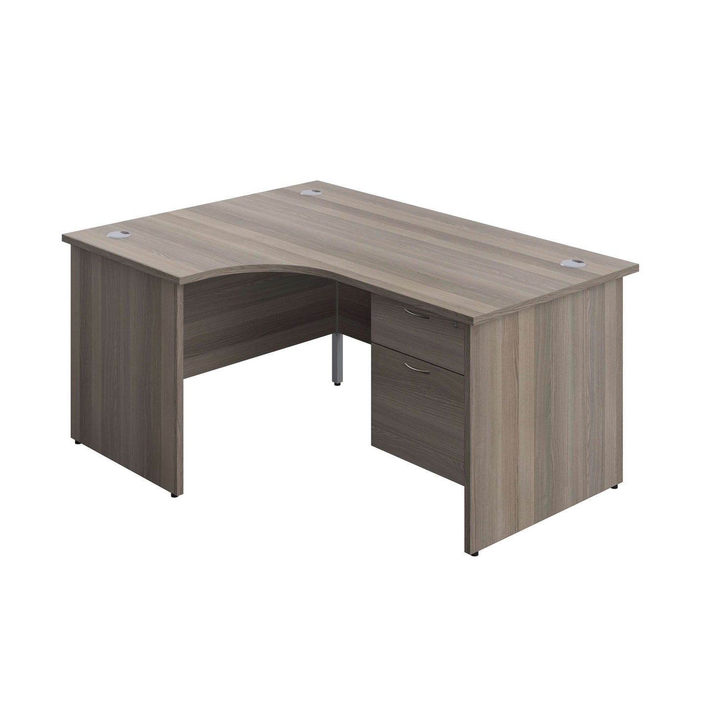 Panel Left Hand Radial Desk + 2 Drawer Fixed Pedestal Bundle (FSC) | 1600X1200 | Grey Oak/Grey Oak