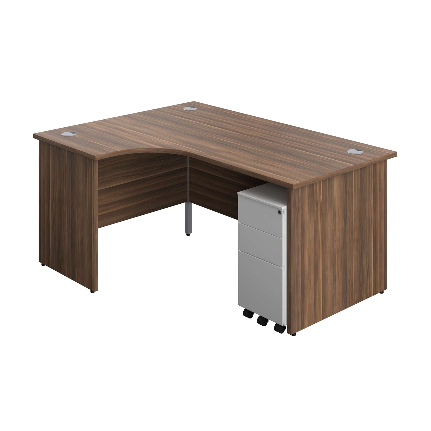 Panel Left Hand Radial Desk + 3 Drawer Slimline Steel Mobile Pedestal Bundle (FSC) | 1600X1200 | Dark Walnut/White