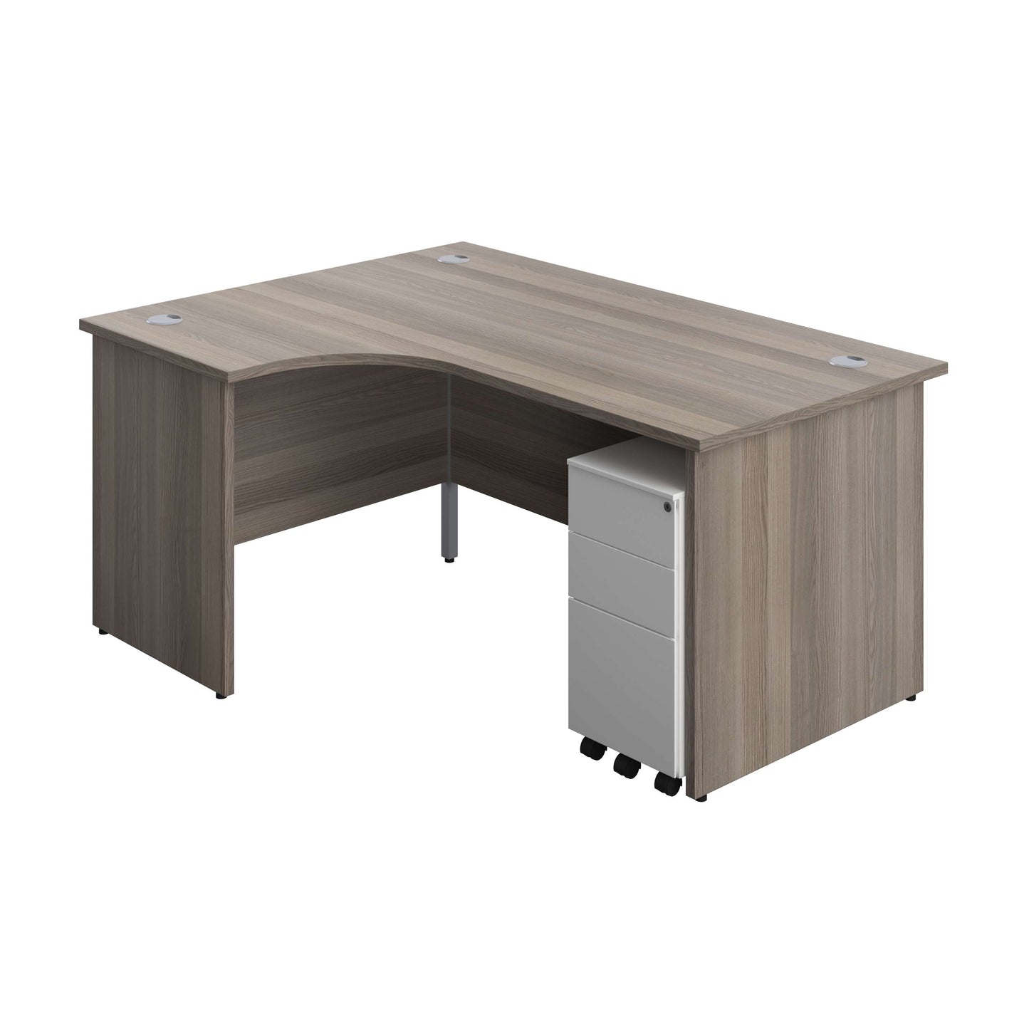 Panel Left Hand Radial Desk + 3 Drawer Slimline Steel Mobile Pedestal Bundle (FSC) | 1600X1200 | Grey Oak/White