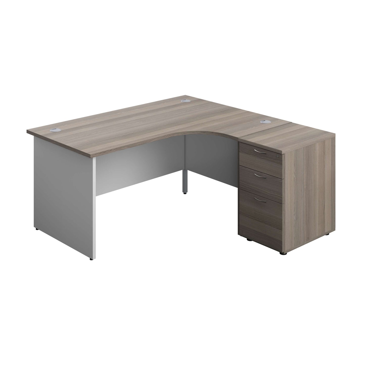 Panel Plus Right Radial Desk + Matching 3 Drawer Desk High Pedestal Bundle (FSC) | 600 Pedestal | 1600X1200 | Grey Oak/White