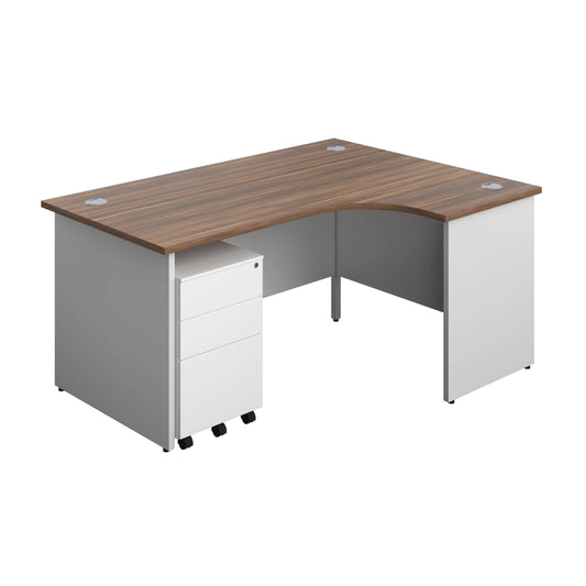 Panel Plus Right Radial Desk + 3 Drawer Steel Mobile Pedestal Bundle (FSC) | 1600X1200 | Dark Walnut/White
