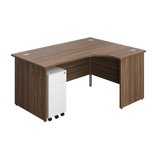 Panel Right Hand Radial Desk + 3 Drawer Slimline Steel Mobile Pedestal Bundle (FSC) | 1600X1200 | Dark Walnut/White