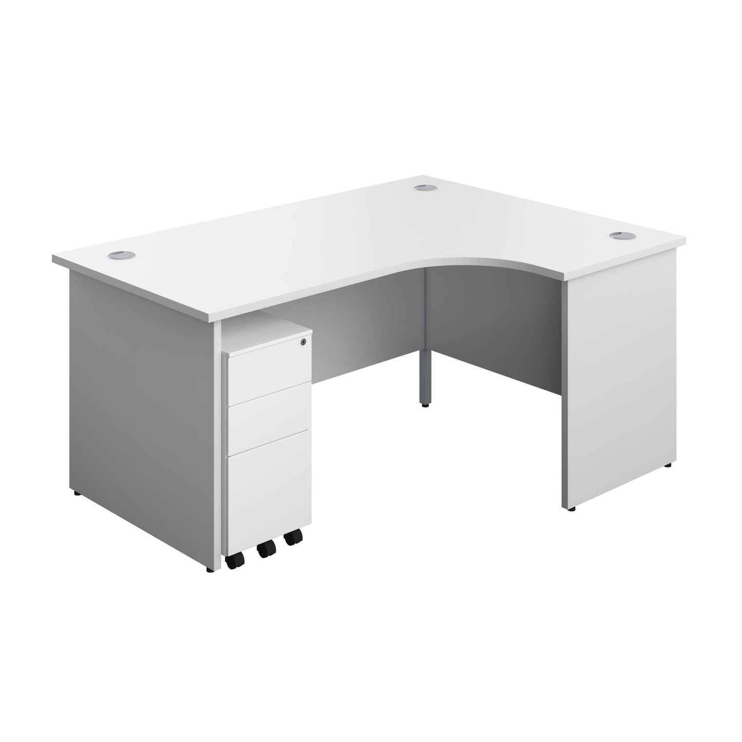 Panel Right Hand Radial Desk + 3 Drawer Slimline Steel Mobile Pedestal Bundle (FSC) | 1600X1200 | White/White