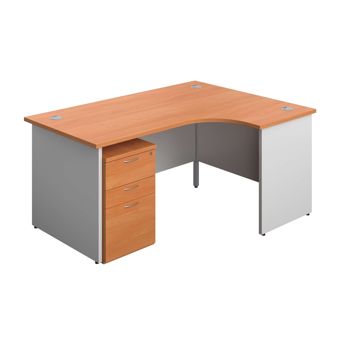 Panel Plus Right Radial Desk + 3 Drawer Under Desk Pedestal Bundle (FSC) | 1600X1200 | Beech/White