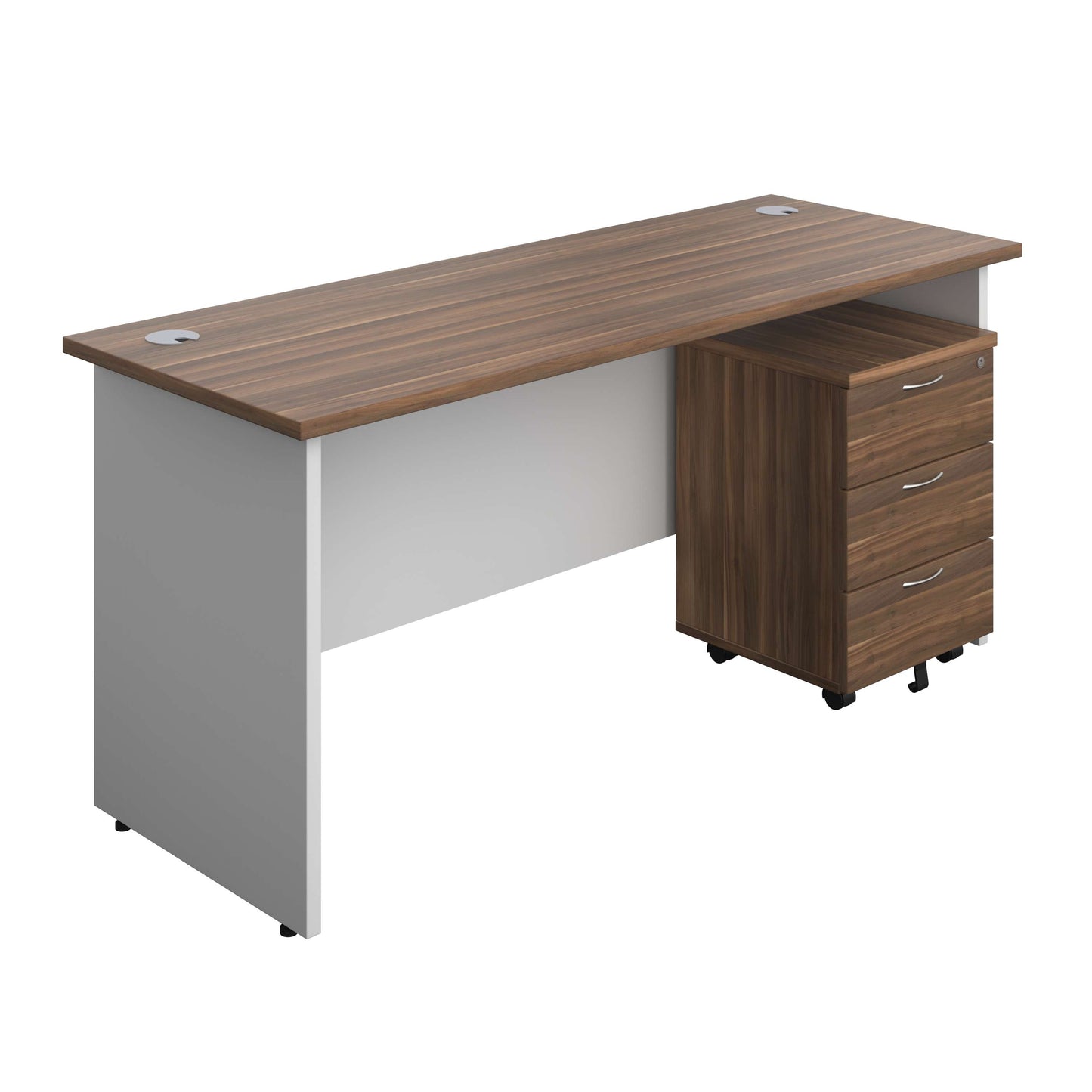 Panel Plus Rectangular Desk + 3 Drawer Mobile Pedestal Bundle (FSC) | 1600X600 | Dark Walnut/White