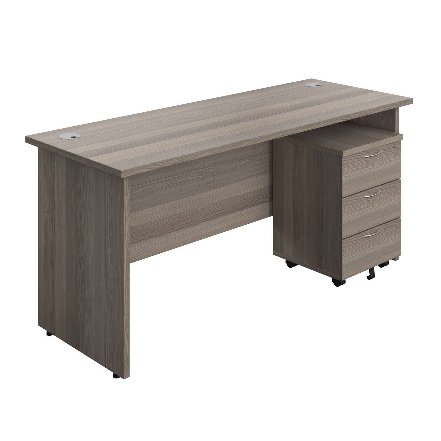Panel Rectangular Desk + 3 Drawer Mobile Pedestal Bundle (FSC) | 1600X600 | Grey Oak/Grey Oak