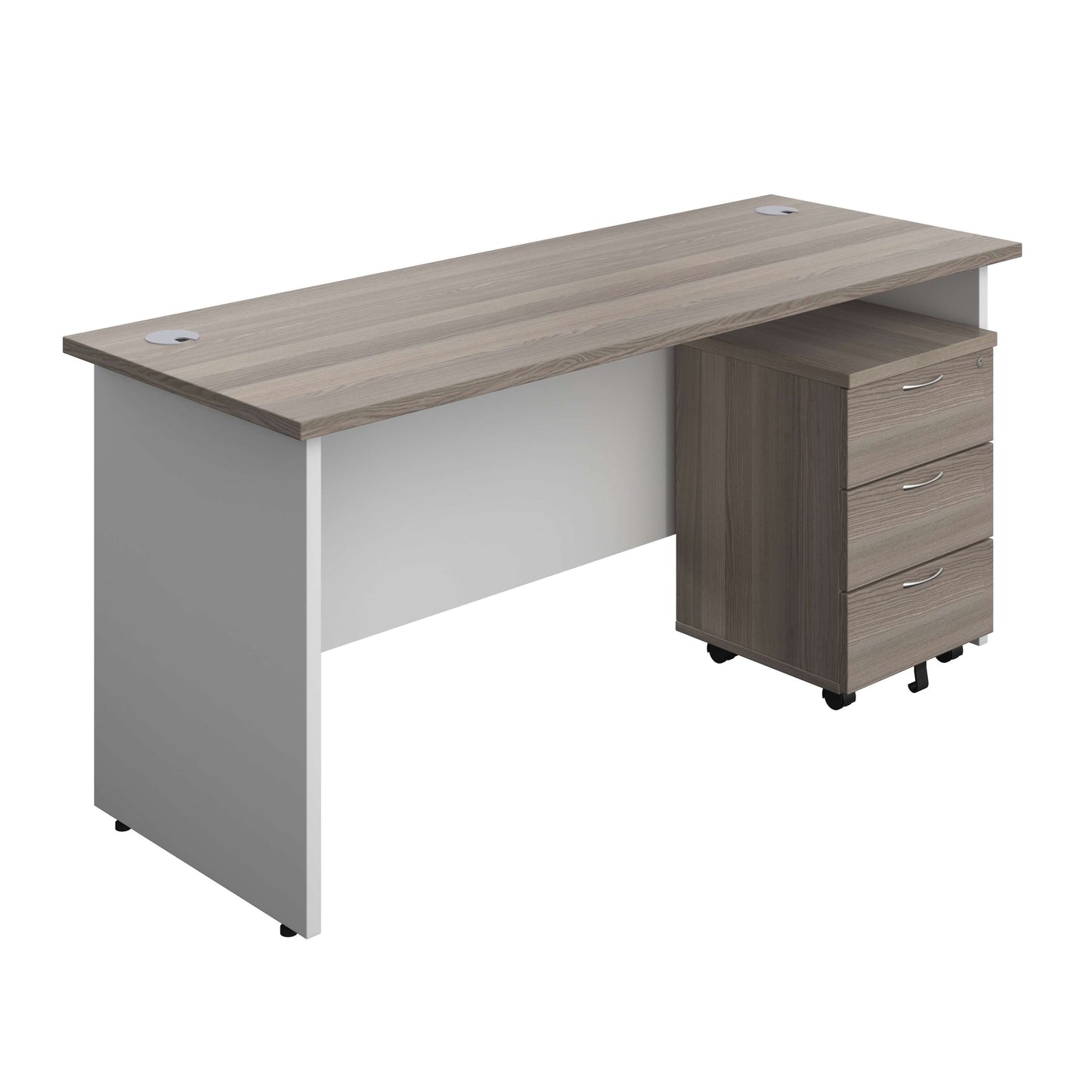 Panel Plus Rectangular Desk + 3 Drawer Mobile Pedestal Bundle (FSC) | 1600X600 | Grey Oak/White