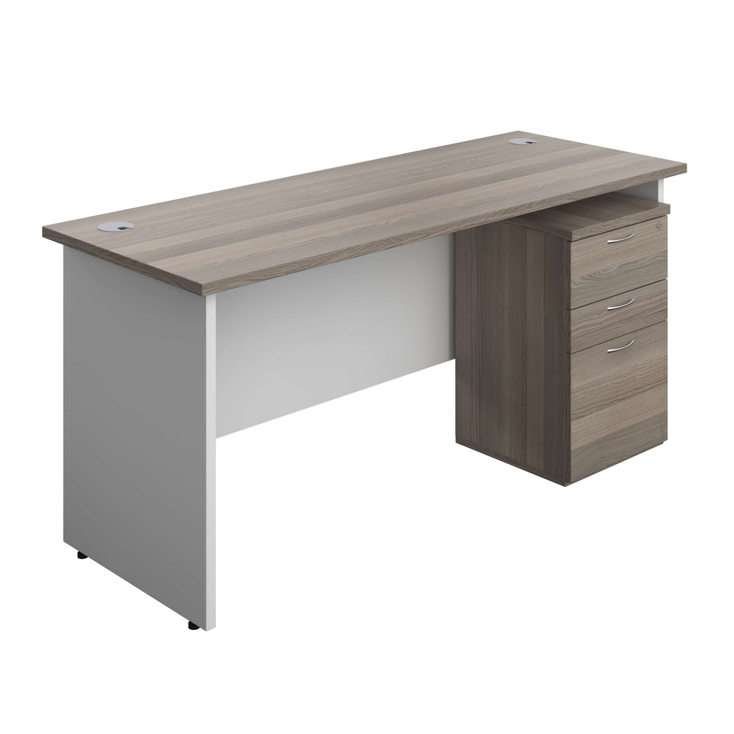 Panel Plus Rectangular Desk + 3 Drawer High Mobile Pedestal Bundle (FSC) | 1600X600 | Grey Oak/White