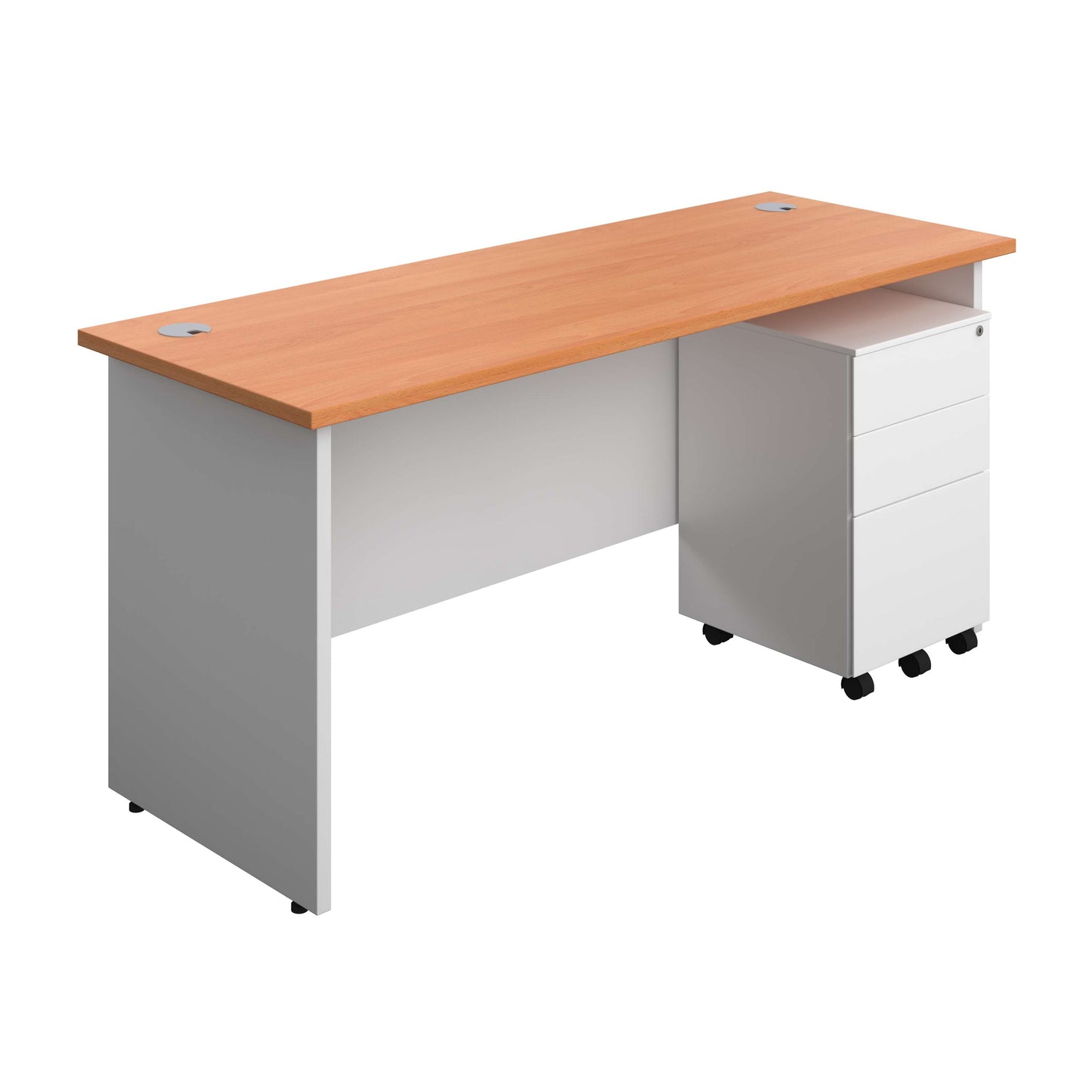 Panel Plus Rectangular Desk + 3 Drawer Steel Pedestal Bundle (FSC) | 1600X600 | Beech/White