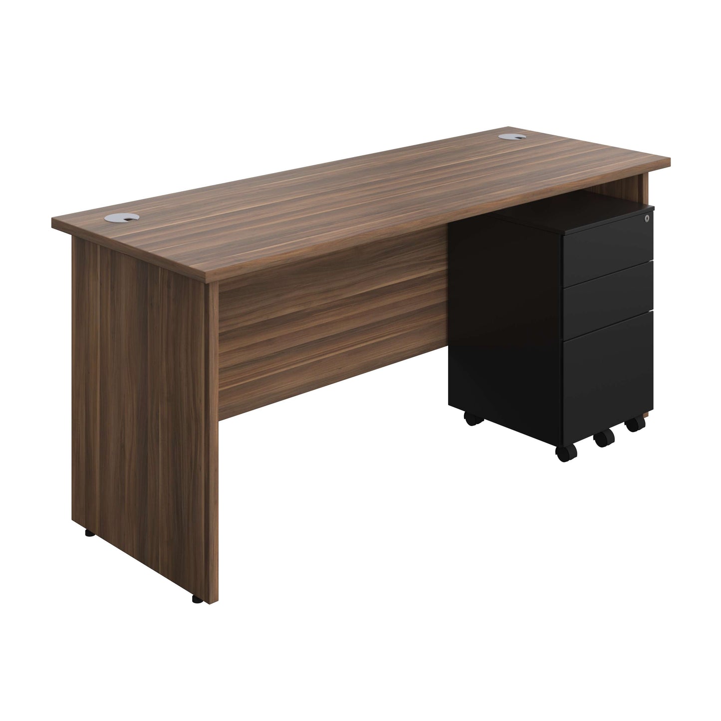 Panel Rectangular Desk + 3 Drawer Steel Pedestal Bundle (FSC) | 1600X600 | Dark Walnut/Black