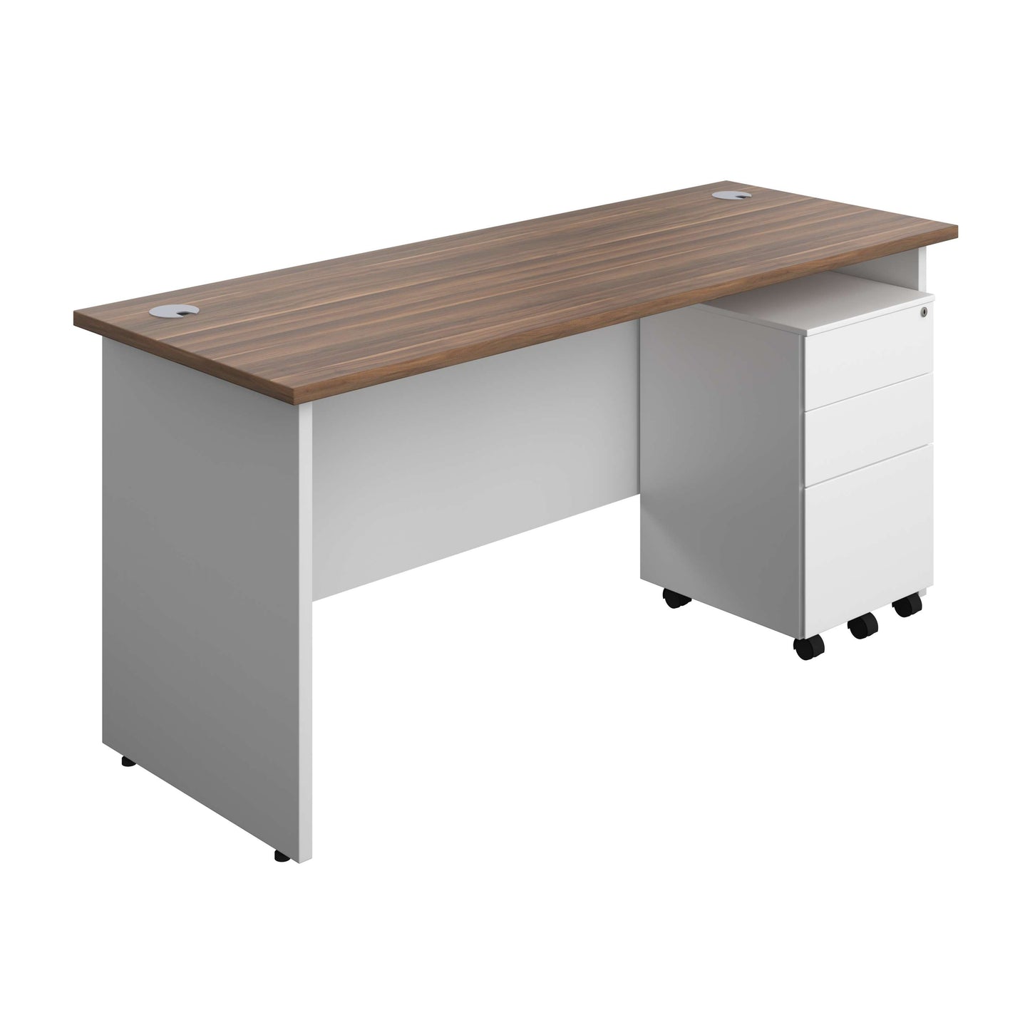 Panel Plus Rectangular Desk + 3 Drawer Steel Pedestal Bundle (FSC) | 1600X600 | Dark Walnut/White