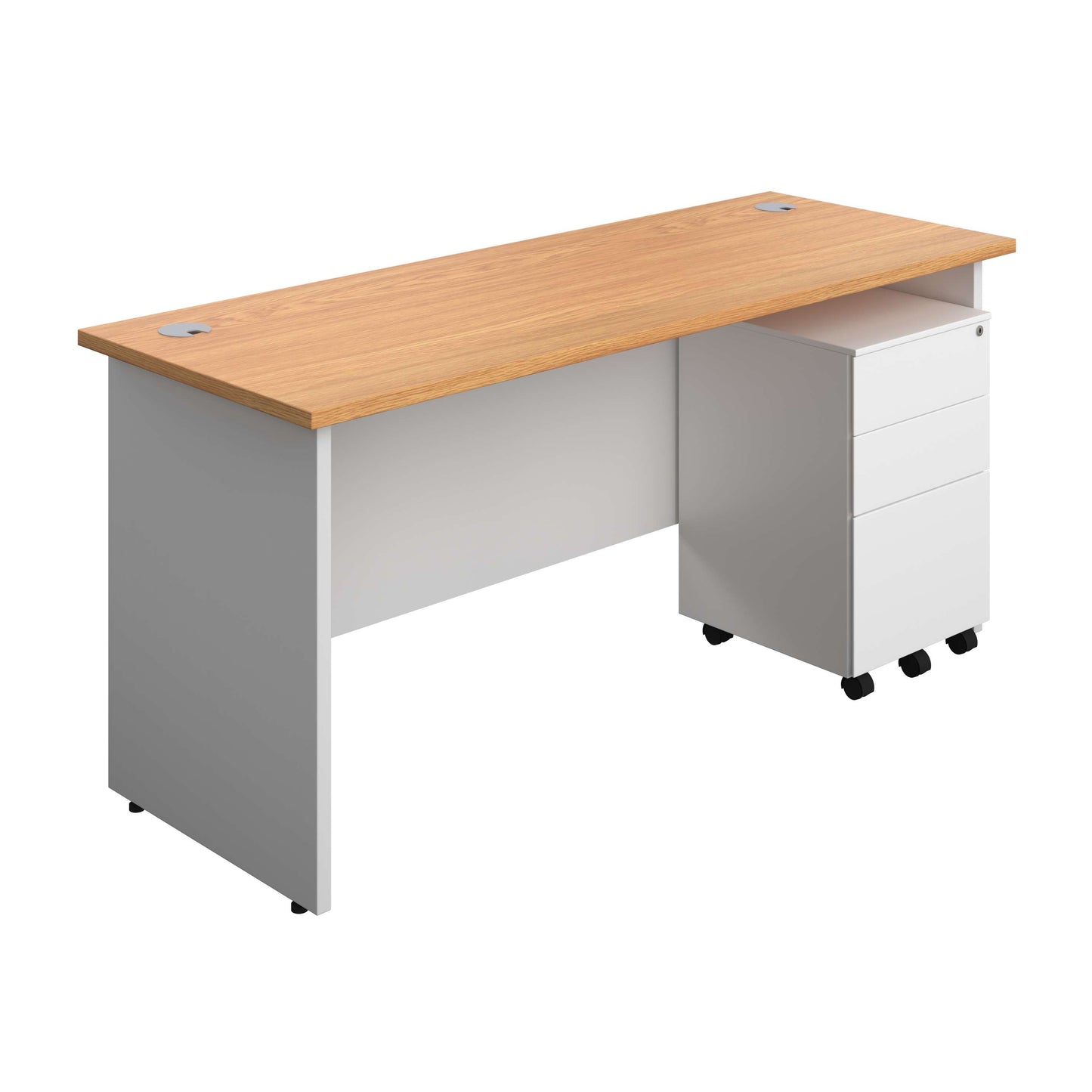 Panel Plus Rectangular Desk + 3 Drawer Steel Pedestal Bundle (FSC) | 1600X600 | Nova Oak/White