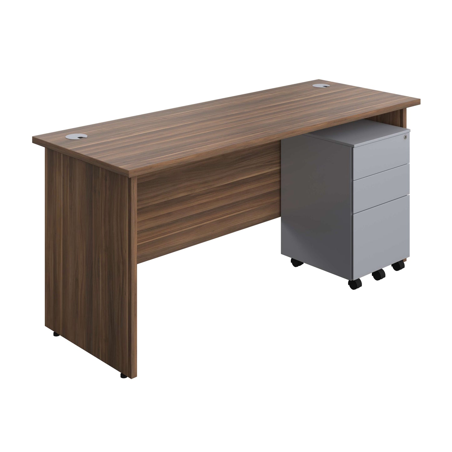 Panel Rectangular Desk + 3 Drawer Steel Pedestal Bundle (FSC) | 1600X600 | Dark Walnut/Silver