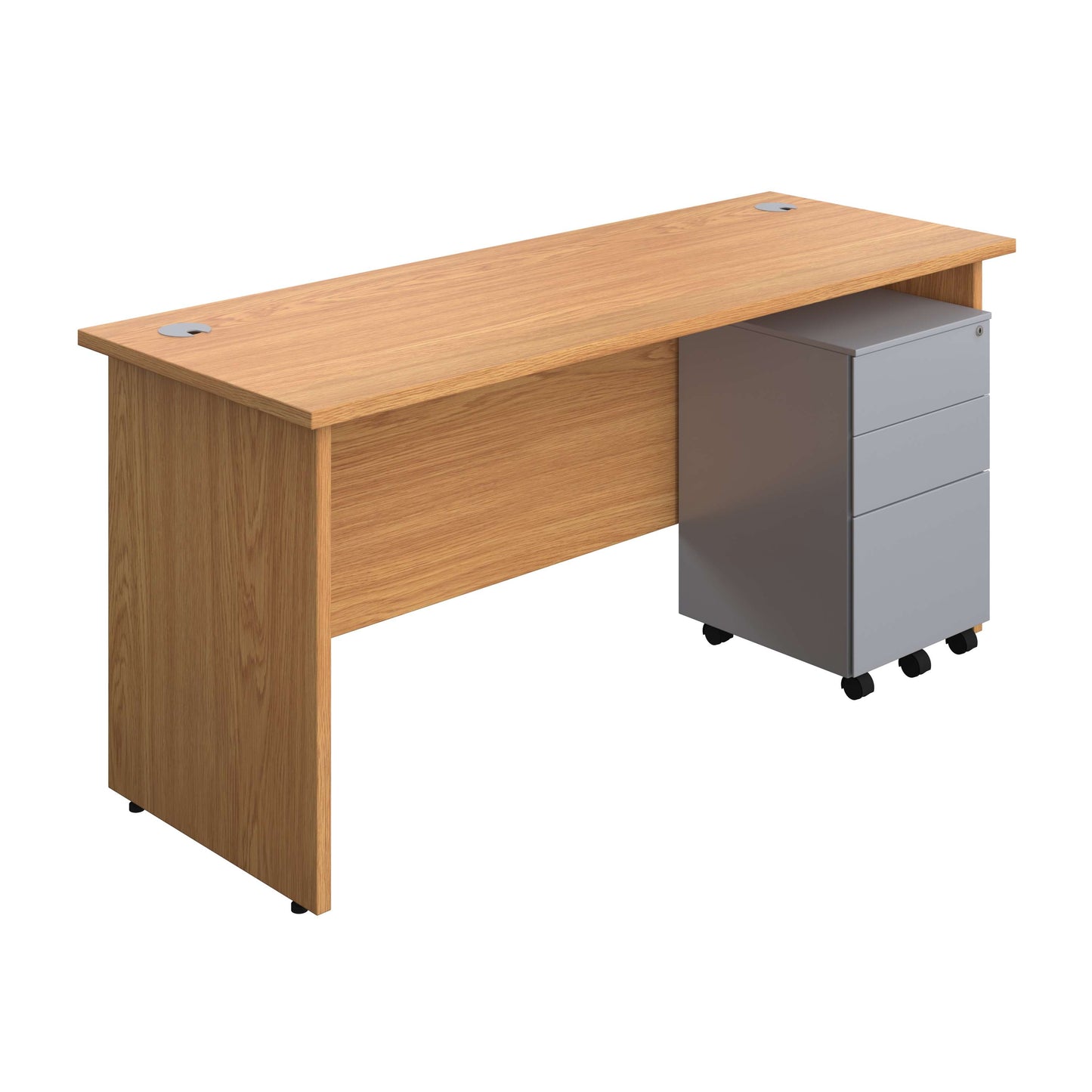 Panel Rectangular Desk + 3 Drawer Steel Pedestal Bundle (FSC) | 1600X600 | Nova Oak/Silver
