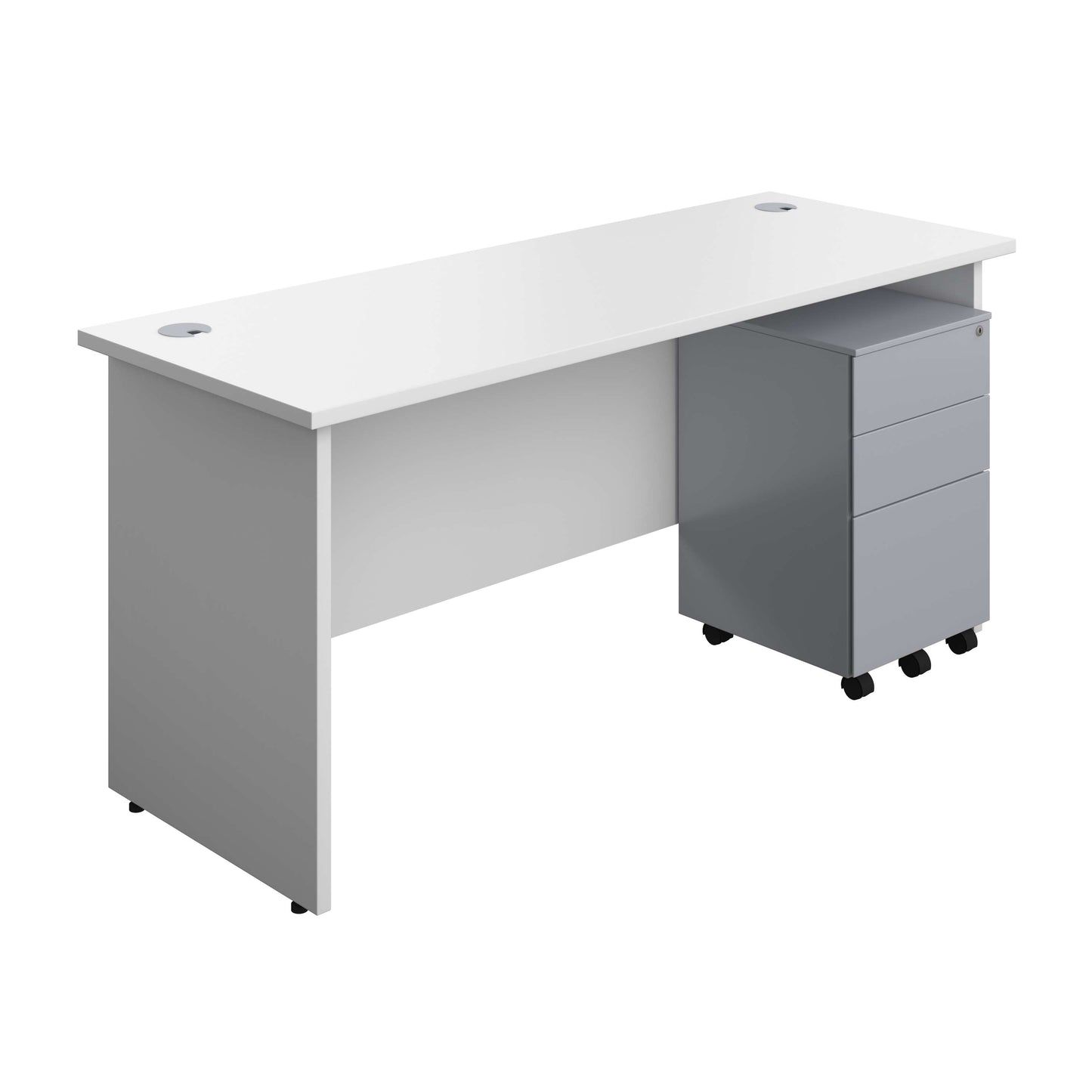 Panel Rectangular Desk + 3 Drawer Steel Pedestal Bundle (FSC) | 1600X600 | White/Silver
