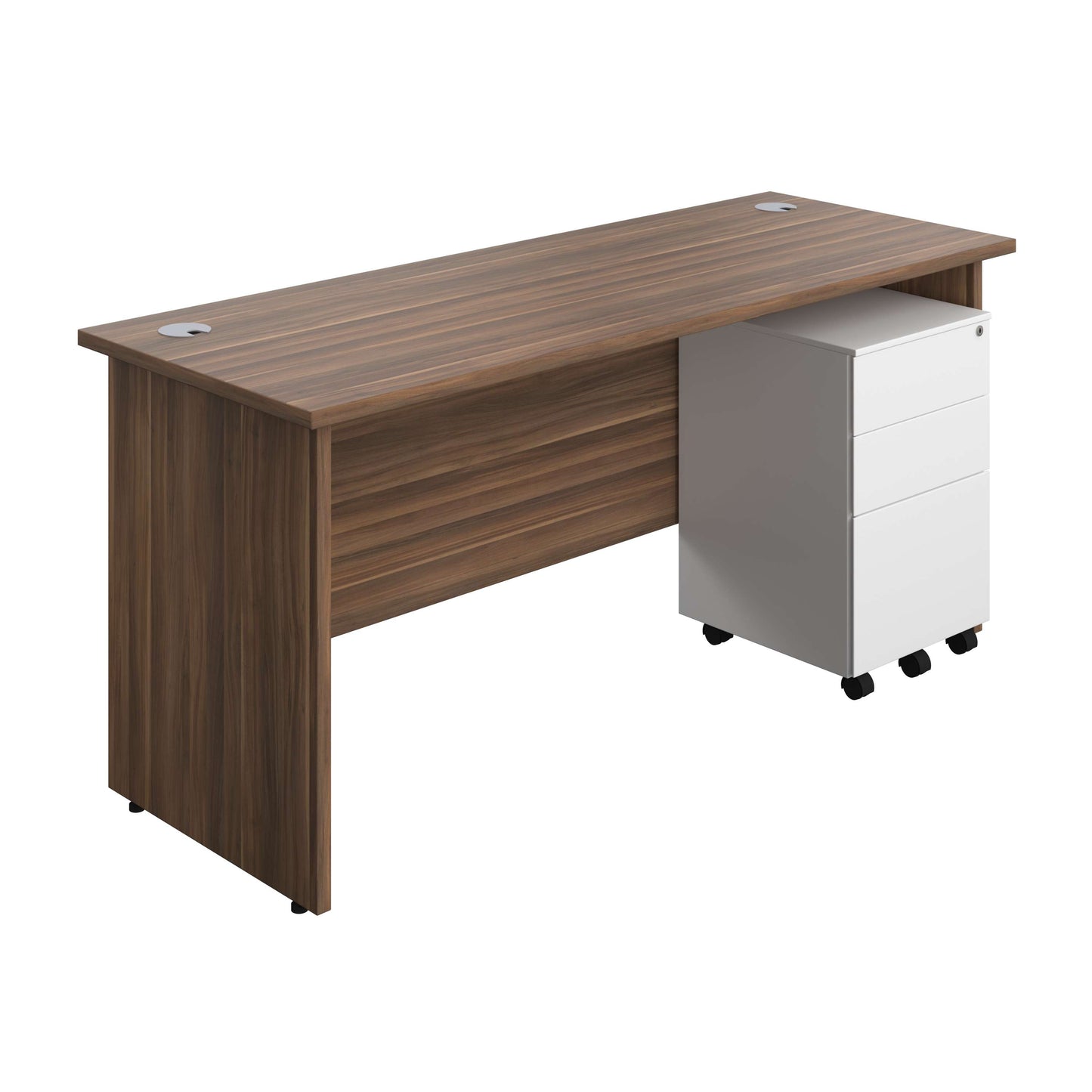 Panel Rectangular Desk + 3 Drawer Steel Pedestal Bundle (FSC) | 1600X600 | Dark Walnut/White