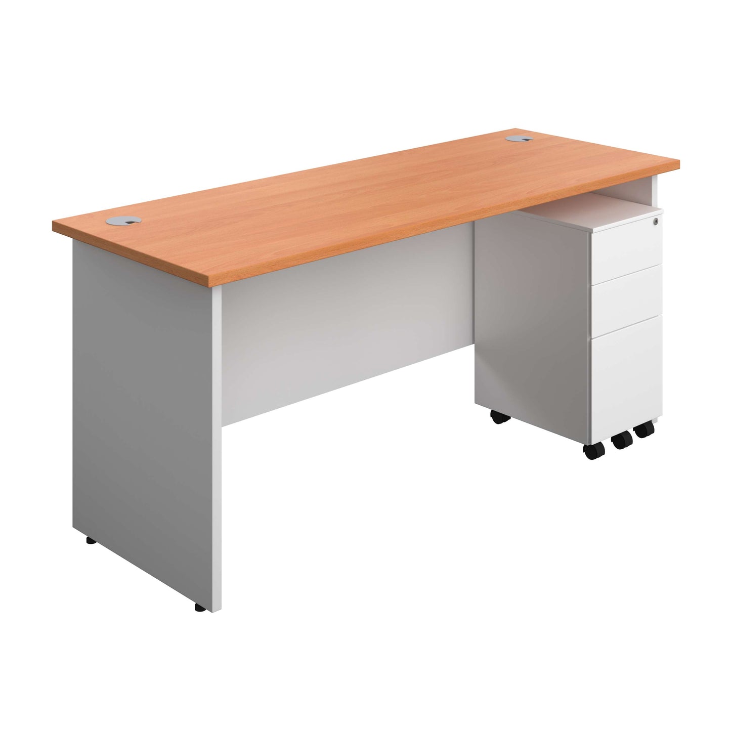 Panel Plus Rectangular Desk + 3 Drawer Slimline Steel Pedestal Bundle (FSC) | 1600X600 | Beech/White