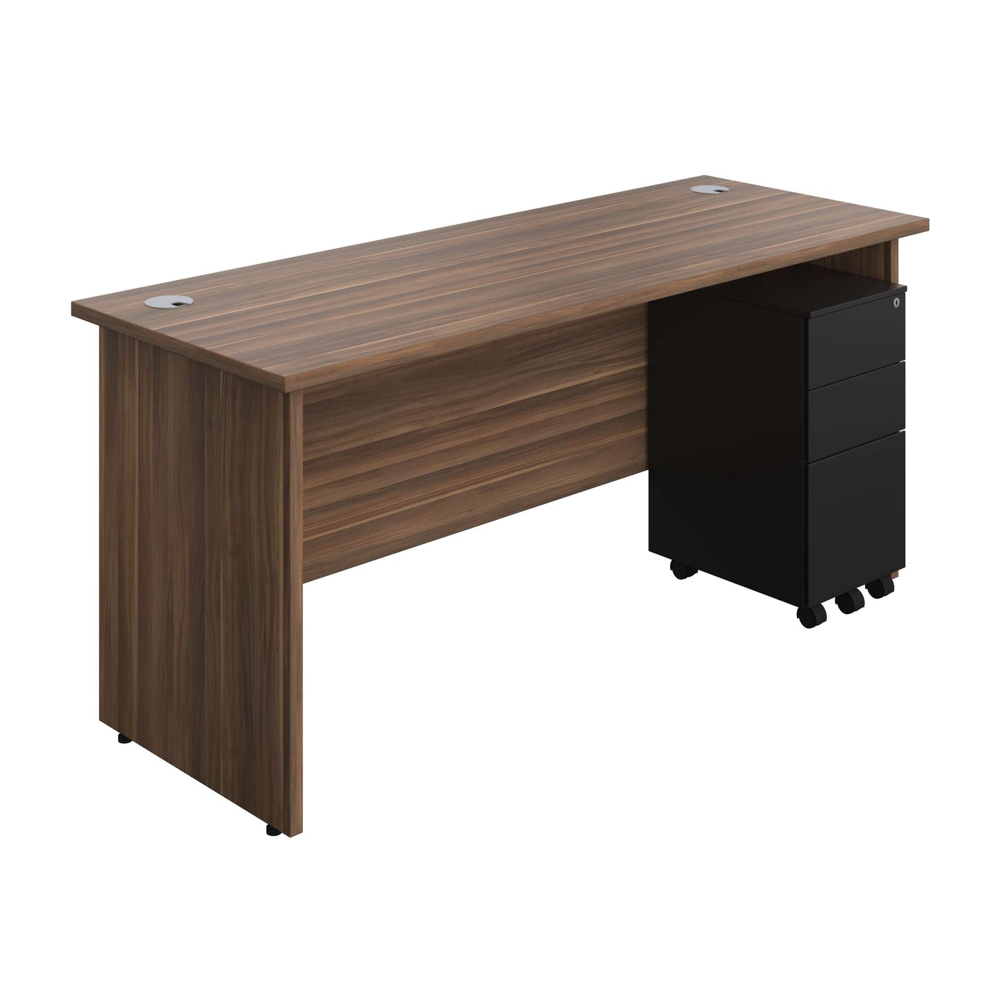 Panel Rectangular Desk + 3 Drawer Slimline Steel Pedestal Bundle (FSC) | 1600X600 | Dark Walnut/Black