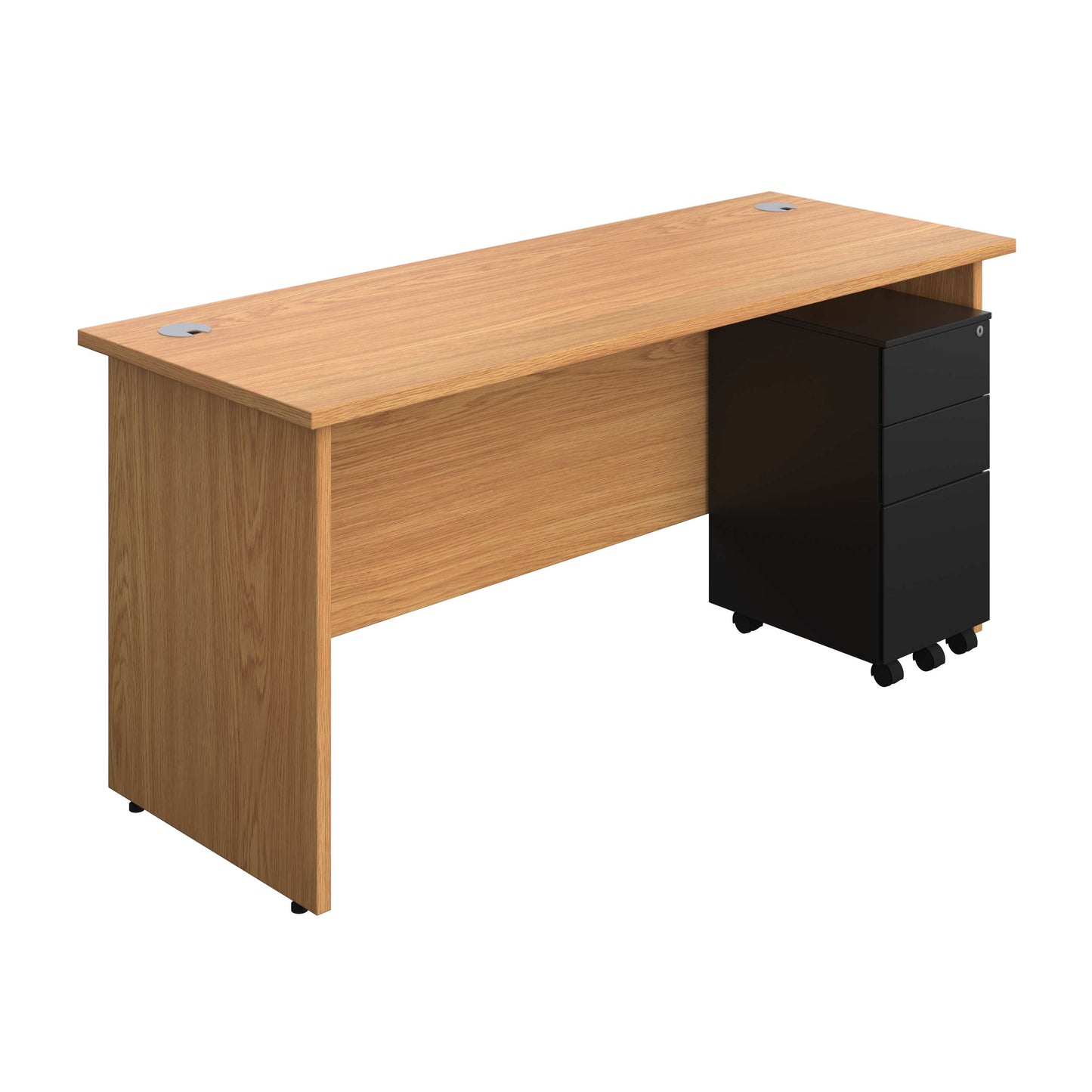 Panel Rectangular Desk + 3 Drawer Slimline Steel Pedestal Bundle (FSC) | 1600X600 | Nova Oak/Black