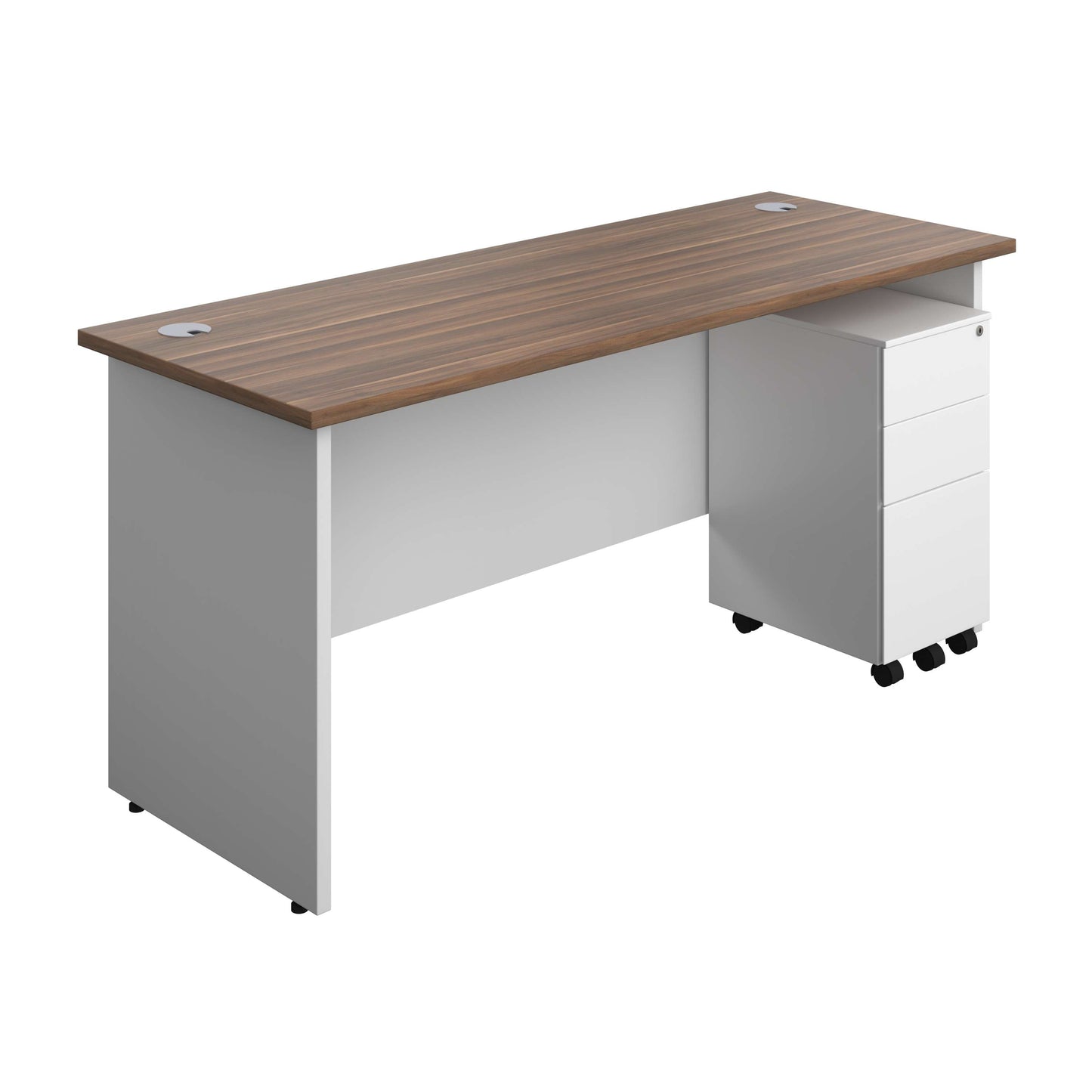 Panel Plus Rectangular Desk + 3 Drawer Slimline Steel Pedestal Bundle (FSC) | 1600X600 | Dark Walnut/White