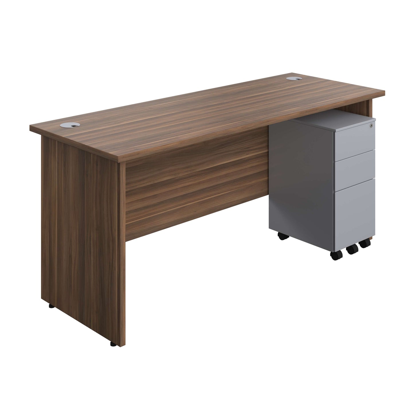 Panel Rectangular Desk + 3 Drawer Slimline Steel Pedestal Bundle (FSC) | 1600X600 | Dark Walnut/Silver