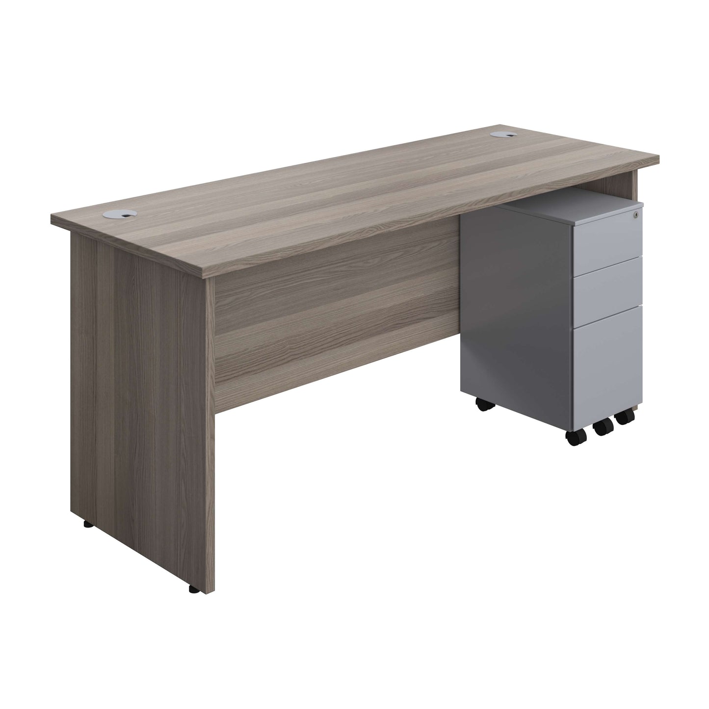 Panel Rectangular Desk + 3 Drawer Slimline Steel Pedestal Bundle (FSC) | 1600X600 | Grey Oak/Silver