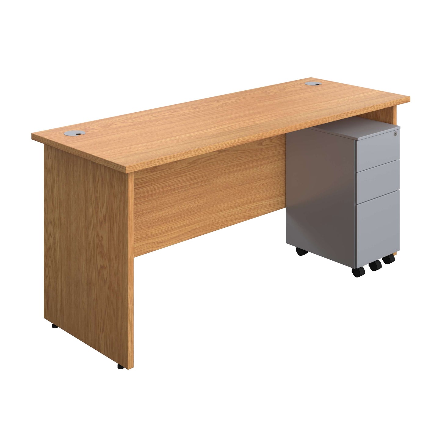 Panel Rectangular Desk + 3 Drawer Slimline Steel Pedestal Bundle (FSC) | 1600X600 | Nova Oak/Silver