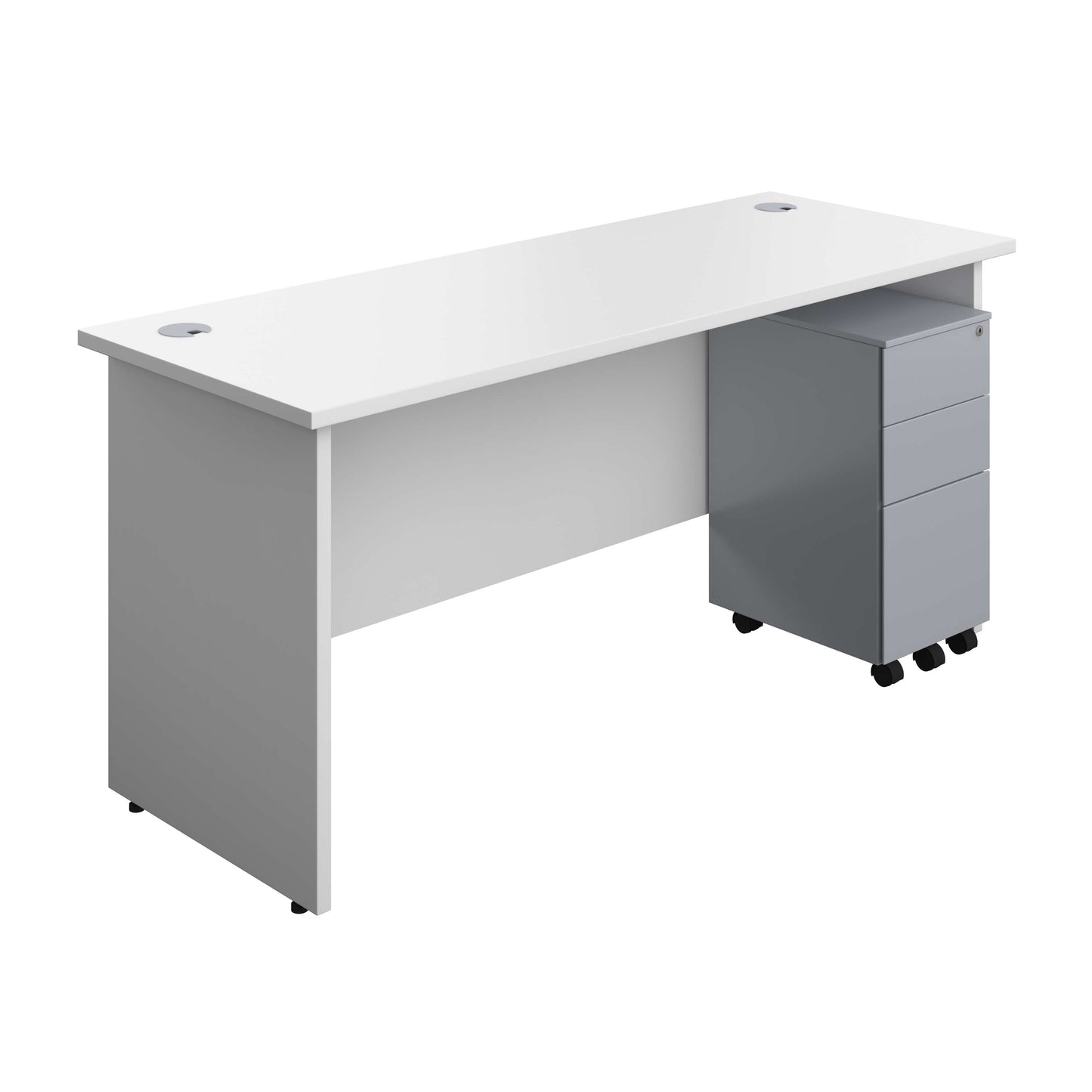 Panel Rectangular Desk + 3 Drawer Slimline Steel Pedestal Bundle (FSC) | 1600X600 | White/Silver