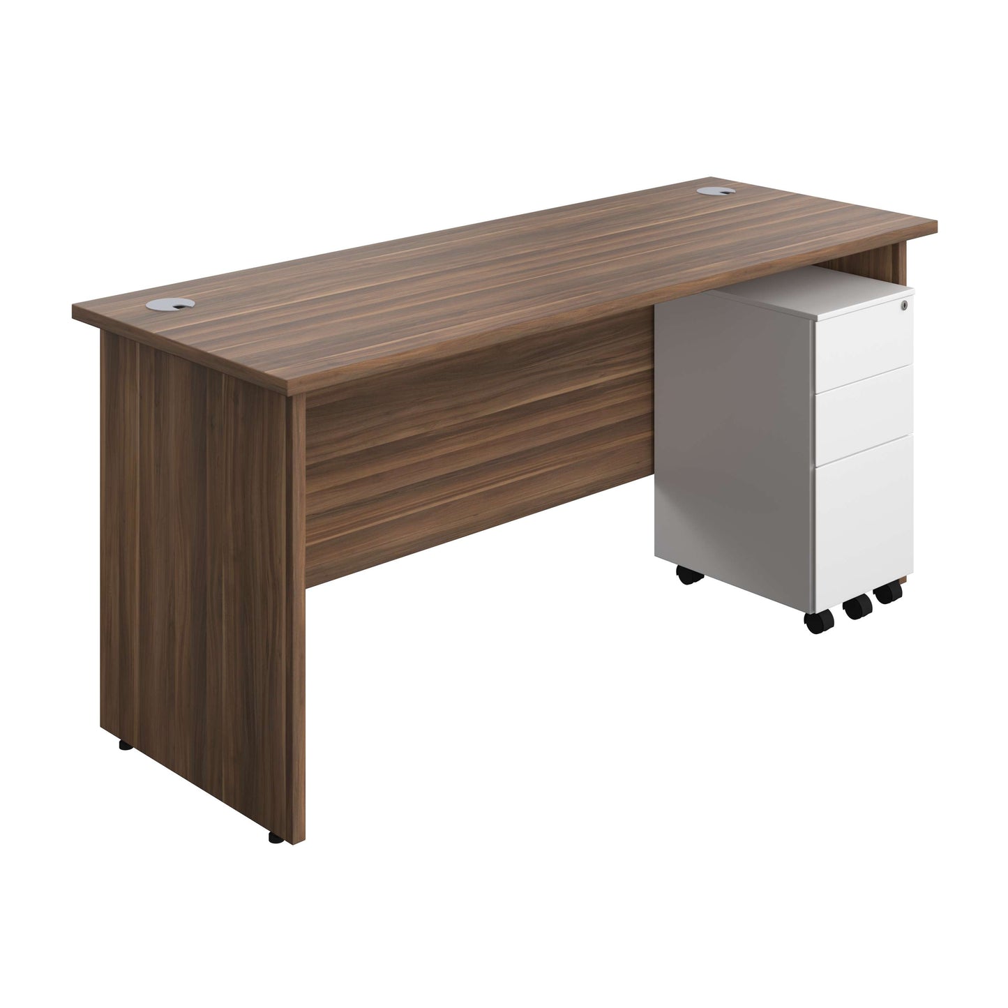 Panel Rectangular Desk + 3 Drawer Slimline Steel Pedestal Bundle (FSC) | 1600X600 | Dark Walnut/White