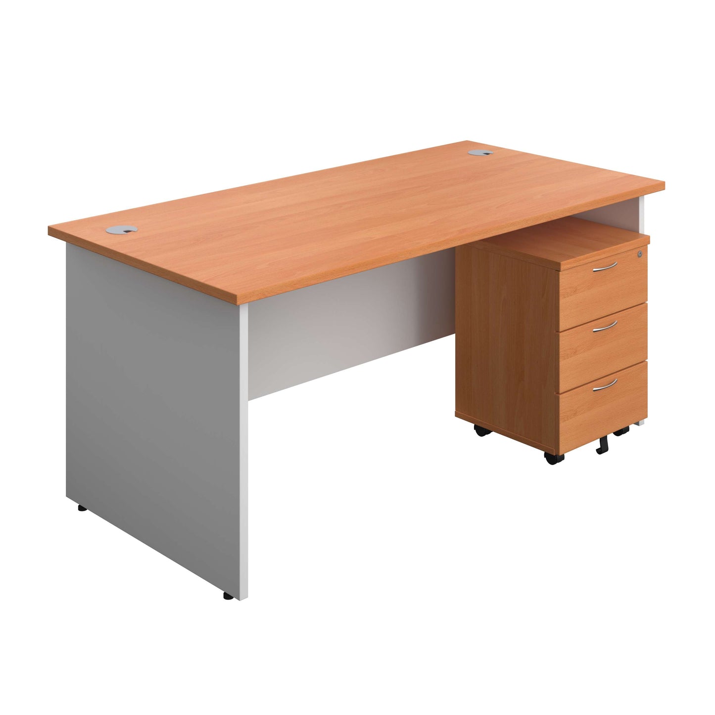 Panel Plus Rectangular Desk + 3 Drawer Mobile Pedestal Bundle (FSC) | 1600X800 | Beech/White